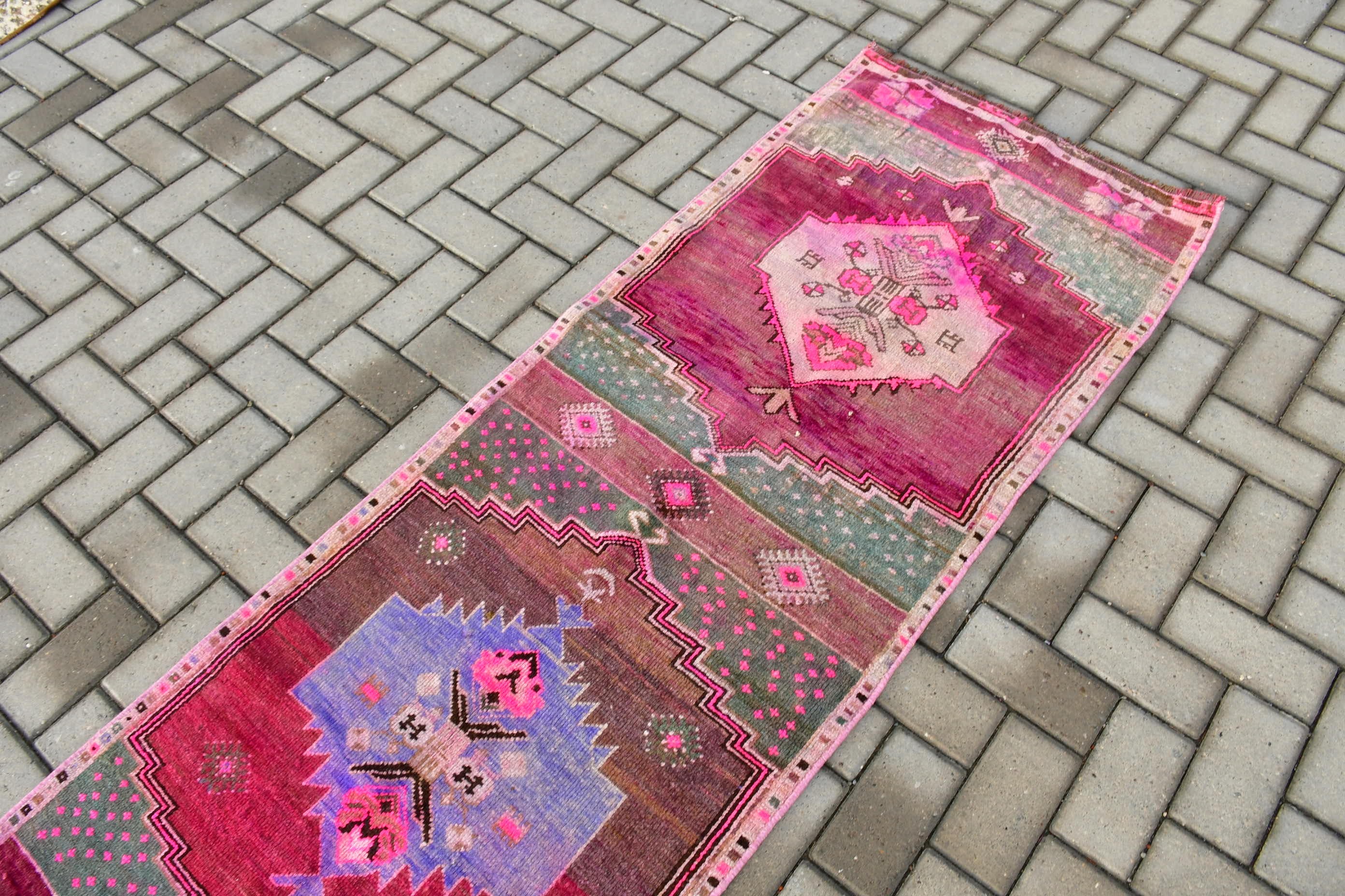 Corridor Rug, Pink Anatolian Rug, Kitchen Rug, Rugs for Runner, Turkish Rug, Floor Rug, Wool Rugs, Vintage Rug, 2.3x9.6 ft Runner Rugs