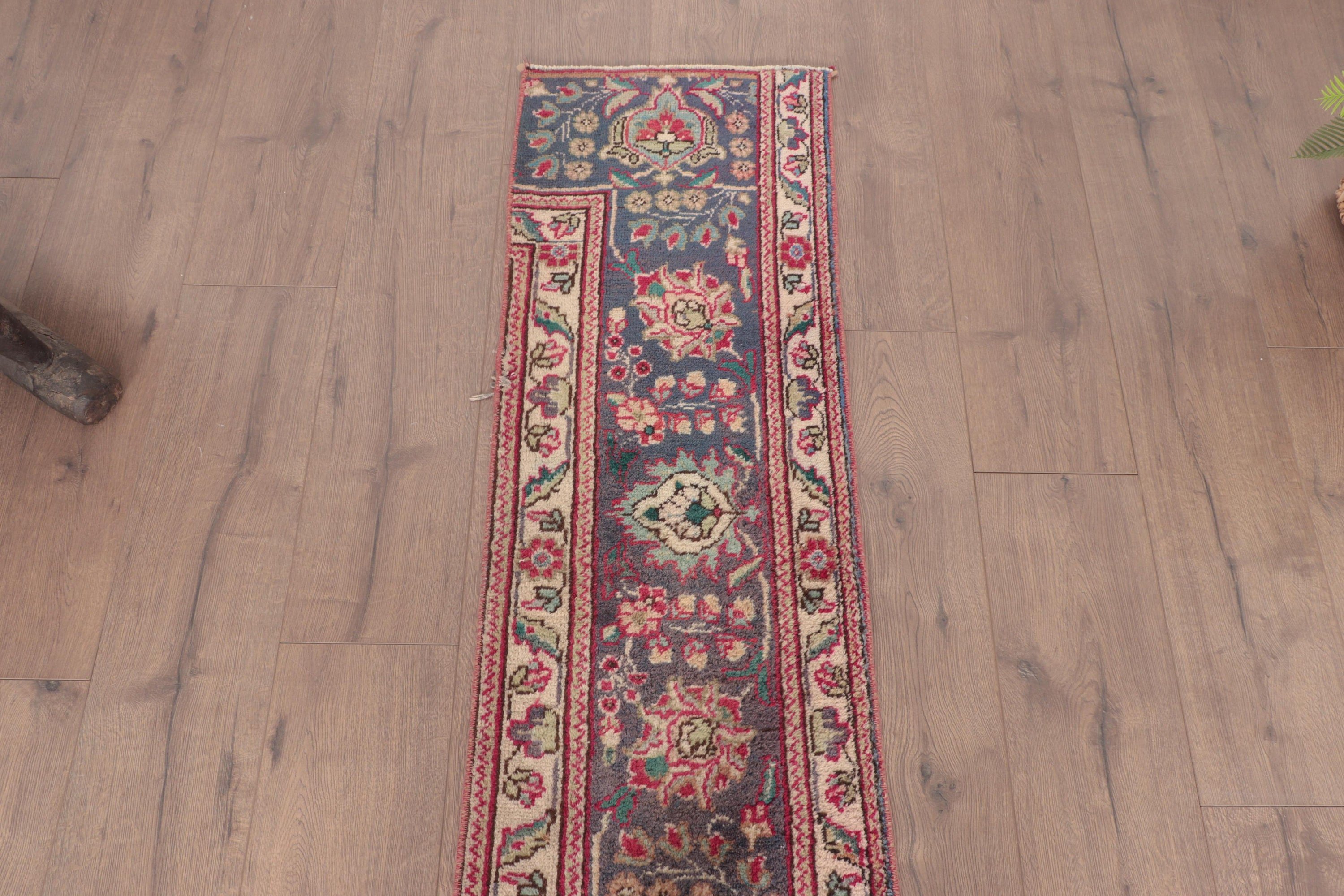 Vintage Halı, Koridor Halıları, Türk Halısı, Mutfak Halısı, Oushak Halısı, Antika Halı, Koridor Halısı, 1.3x10.5 ft Runner Halısı, Mavi Geometrik Halılar