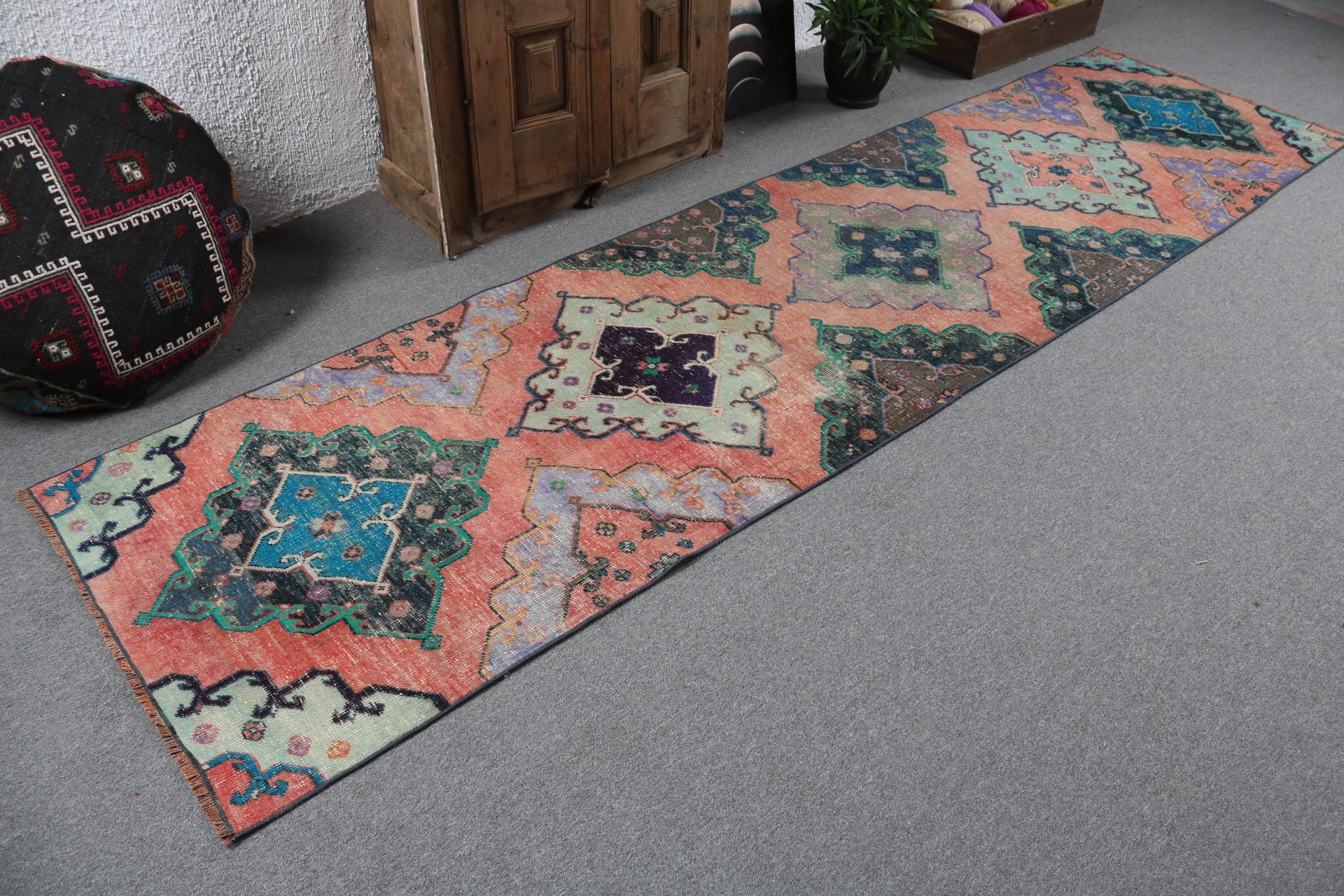 Antique Rug, Vintage Rugs, Rugs for Corridor, Kitchen Rugs, 2.9x11.3 ft Runner Rugs, Turkish Rugs, Anatolian Rugs, Red Geometric Rug