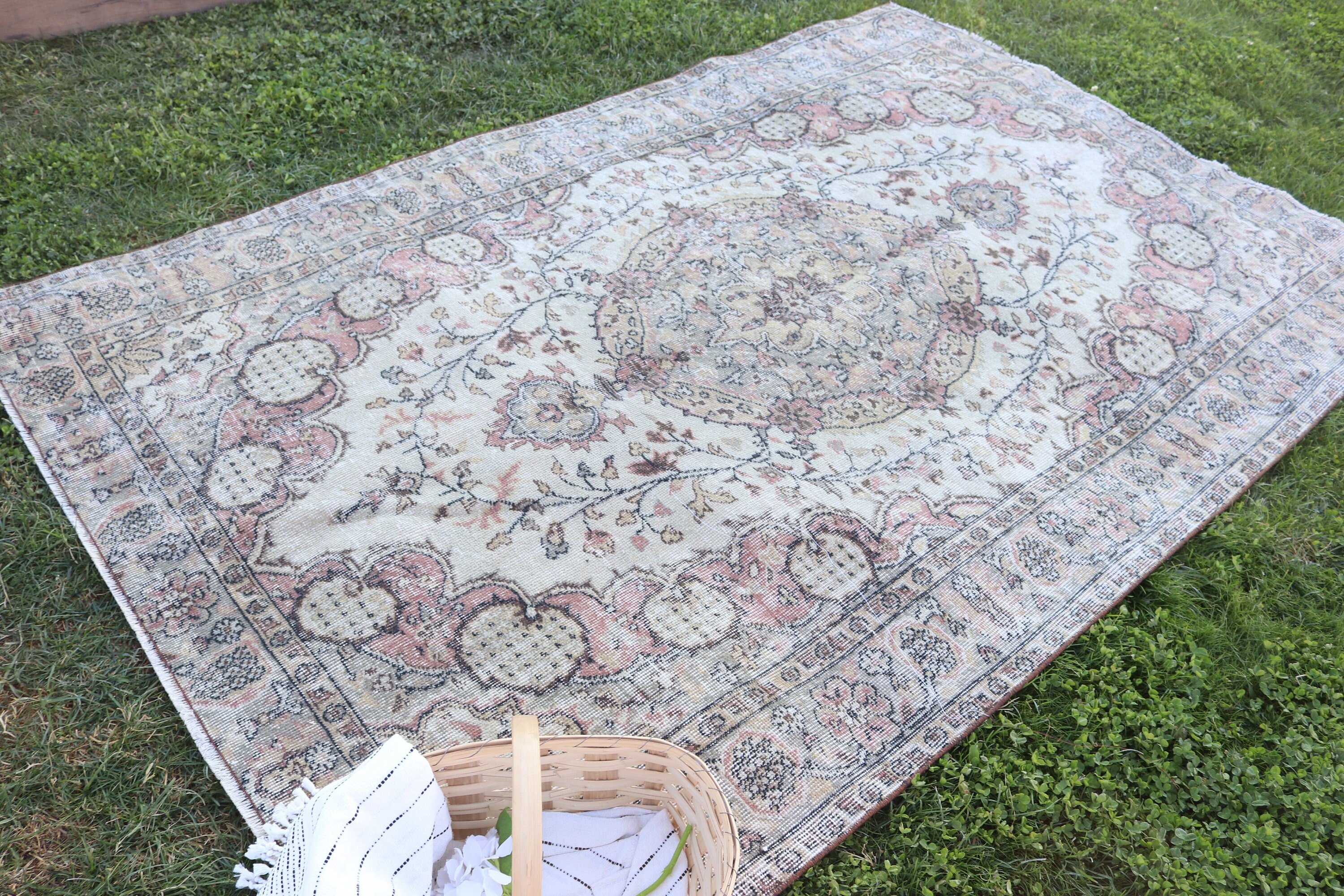 Oturma Odası Halısı, 5.4x8.5 ft Büyük Halı, Bej Yün Halı, Açıklama Halısı, Salon Halıları, Vintage Halılar, Nötr Halı, Salon Halıları, Türk Halısı