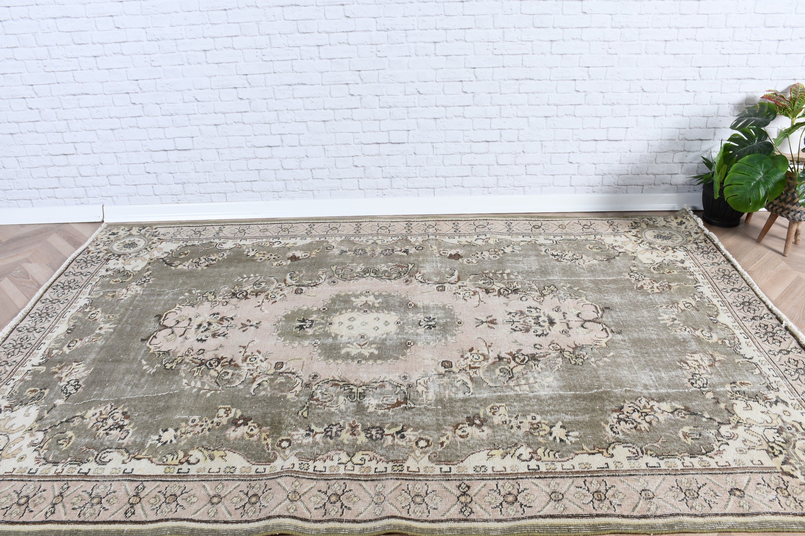 Estetik Halılar, Türk Halısı, Vintage Halı, Büyük Oushak Halıları, Mutfak Halısı, 5.5x8.4 ft Büyük Halı, Bej Nötr Halı, Salon Halısı