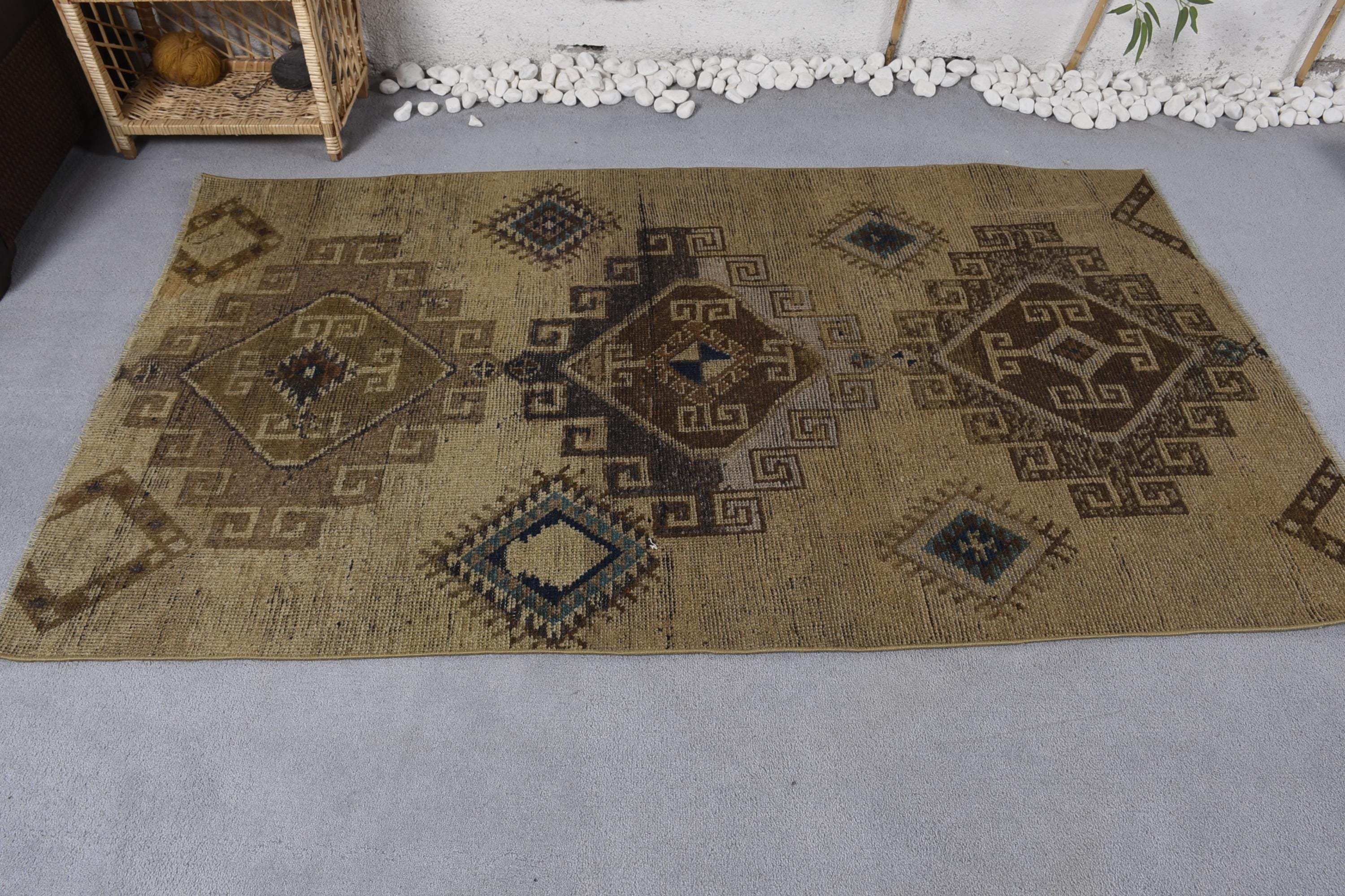 Wool Rug, Vintage Rugs, Kitchen Rugs, Oushak Area Rug, Handwoven Rug, Office Rugs, Turkish Rug, 3.7x6.7 ft Area Rug, Beige Geometric Rug