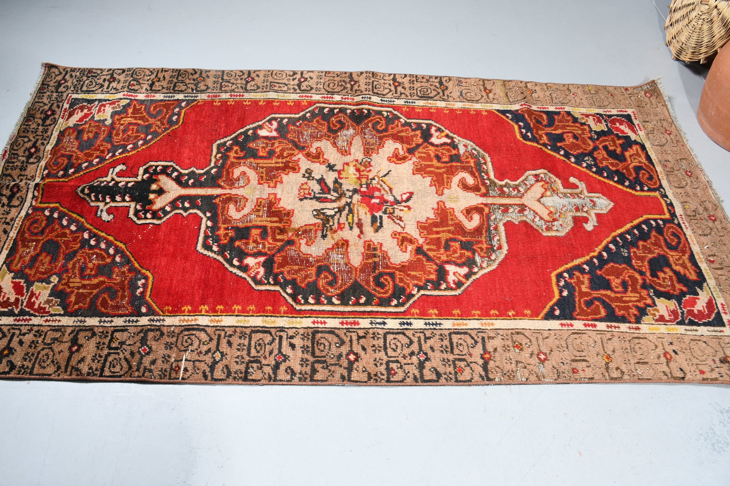 İç Mekan Halıları, Vintage Halı, Kırmızı Yatak Odası Halısı, Yer Halıları, Türk Halıları, 3,8x7,3 ft Alan Halısı, Oturma Odası Halısı, Oushak Halısı