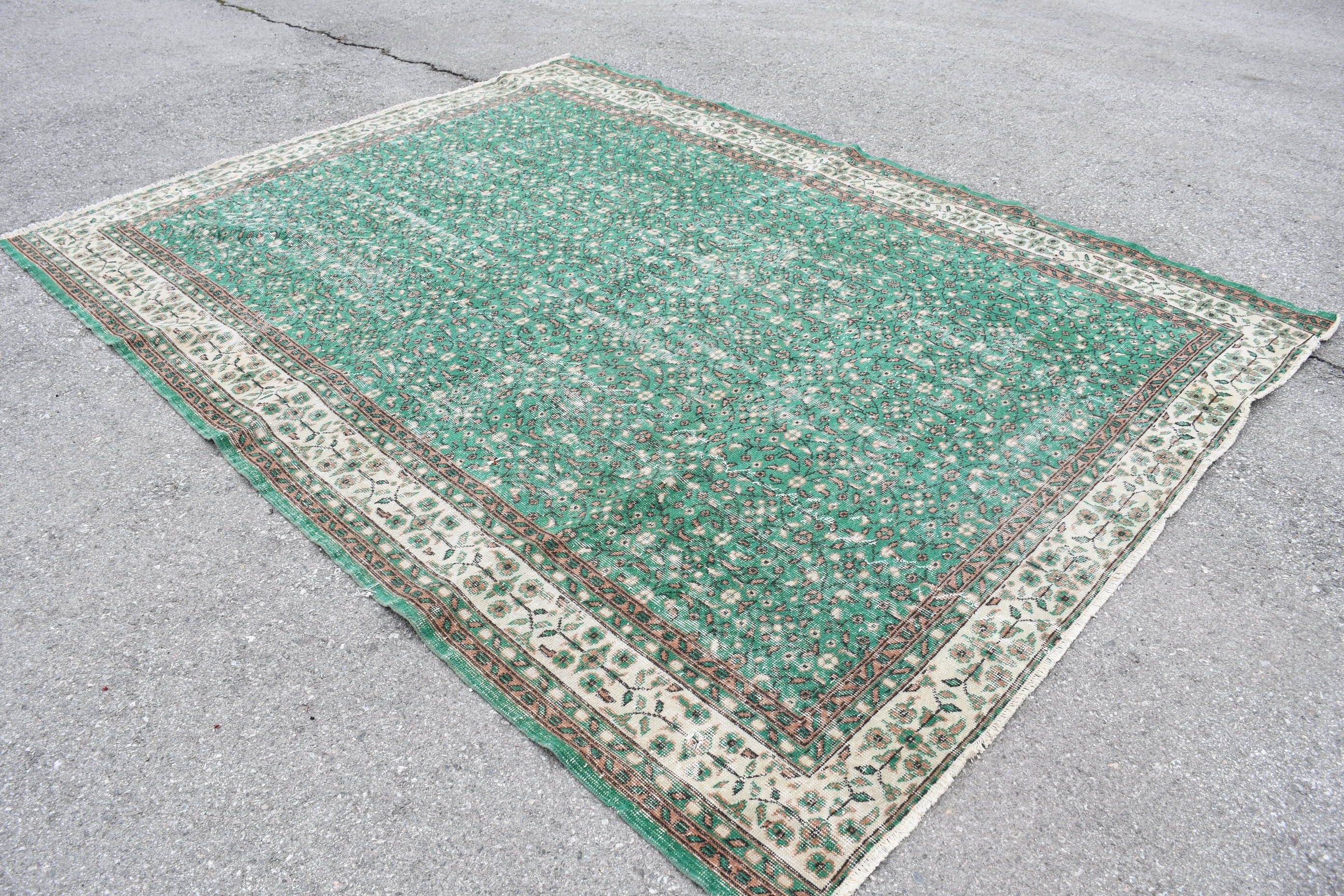 Vintage Halılar, Türk Halıları, Oturma Odası Halısı, Ev Dekor Halısı, 7.1x9.5 ft Büyük Halılar, Yeşil Yün Halı, Yemek Odası Halısı