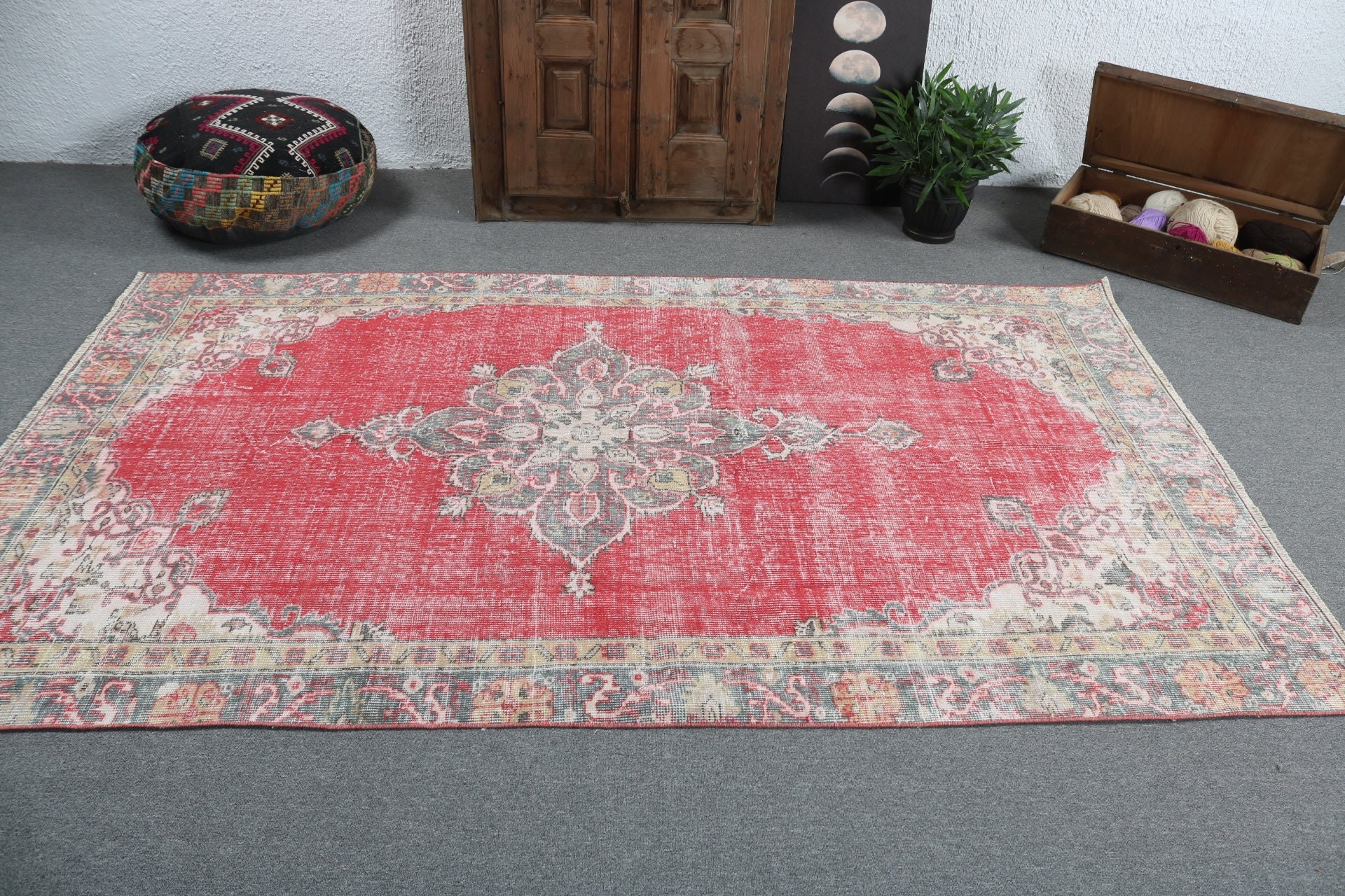 Boho Halı, Yemek Odası Halısı, Vintage Halılar, Büyük Vintage Halılar, Oryantal Halılar, Kırmızı Yatak Odası Halıları, Türk Halıları, Lüks Halı, 5x8,4 ft Büyük Halılar