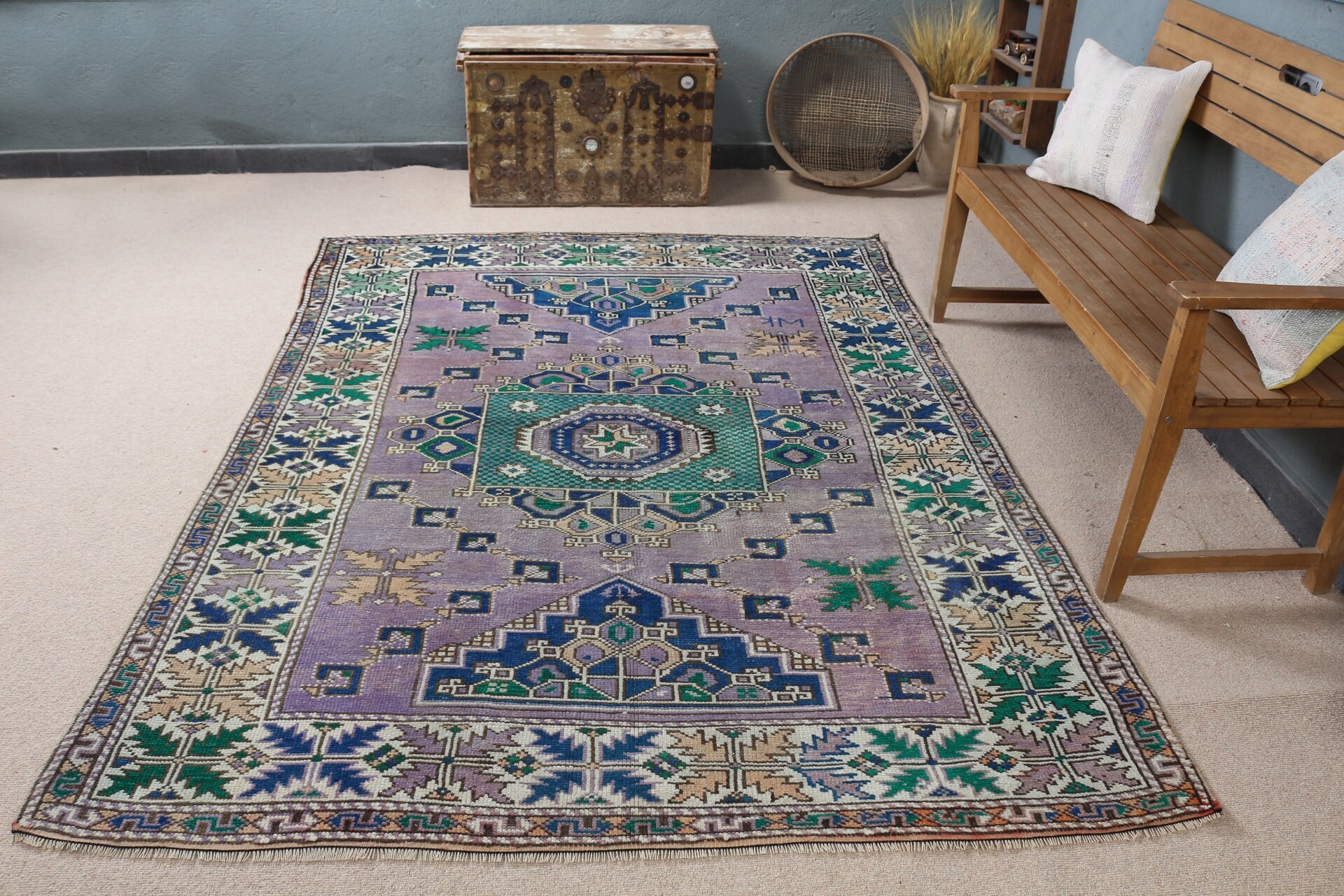 Yün Halı, Yemek Odası Halıları, Türk Halıları, Ev Dekorasyonu Halıları, Oturma Odası Halısı, 5.8x7.7 ft Büyük Halılar, Vintage Halı, Mor Anadolu Halıları