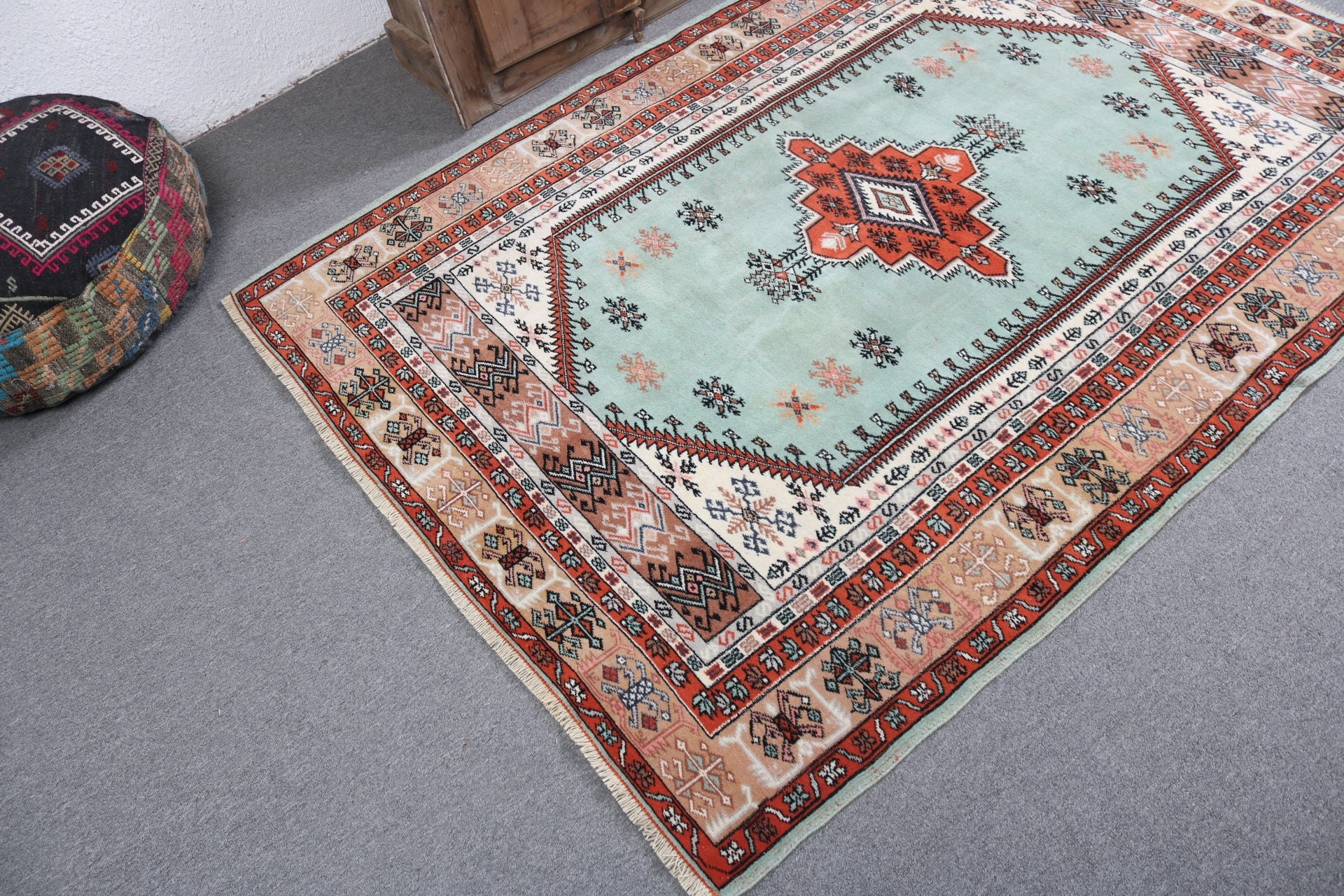 Antika Halı, Vintage Halı, Ev Dekorasyonu Halıları, Yeşil Ev Dekorasyonu Halıları, Yer Halıları, 4.6x6.3 ft Alan Halıları, Boho Halısı, Türk Halısı, Oturma Odası Halısı