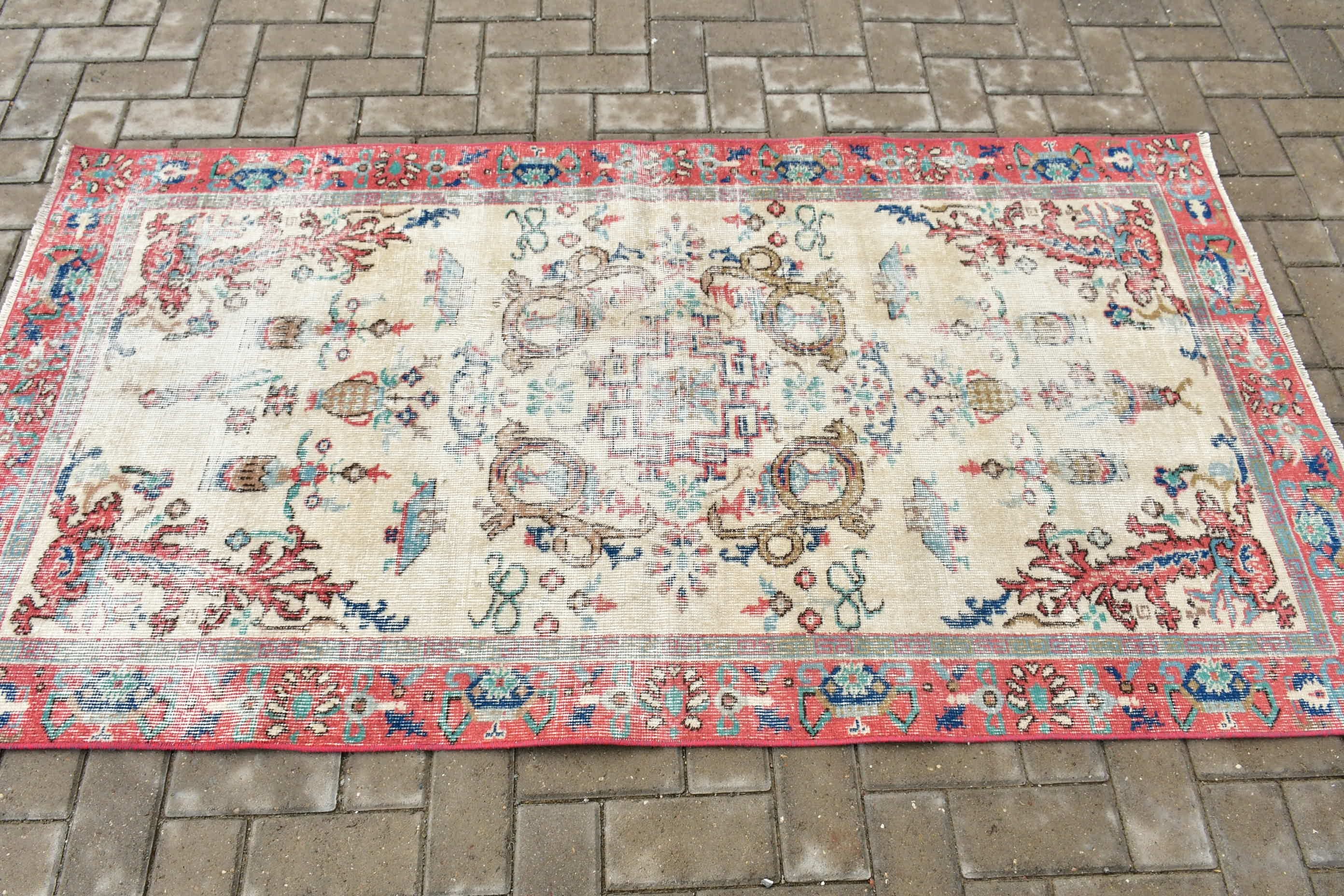 Giriş Halıları, Oryantal Halılar, Mutfak Halıları, Vintage Halı, Anadolu Halısı, Bej Şark Halısı, 3,4x6,4 ft Vurgulu Halı, Parlak Halı, Türk Halısı