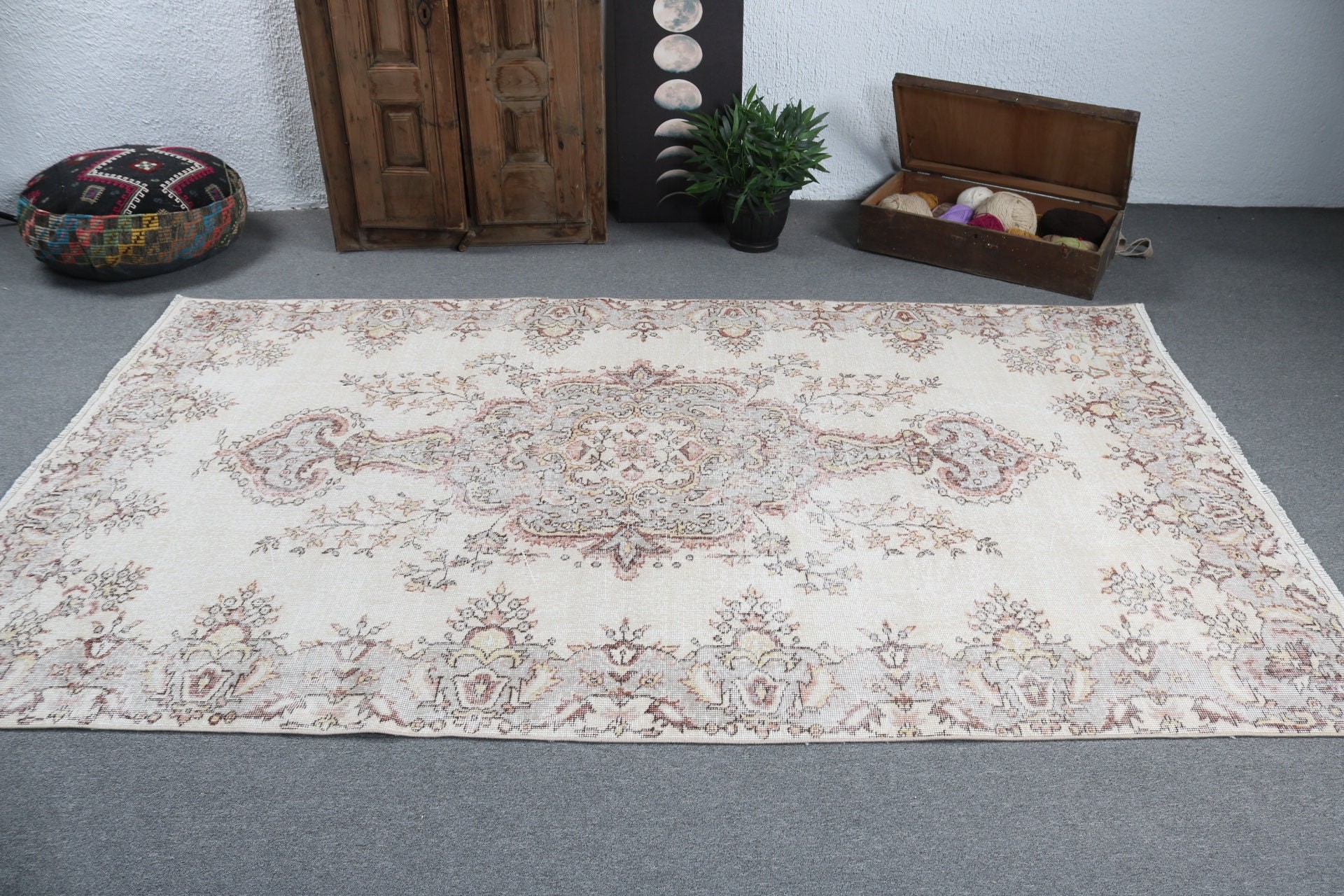 Beige Wool Rugs, Vintage Rugs, Bedroom Rug, Anatolian Rug, Large Boho Rugs, Kitchen Rugs, Artistic Rug, 5.4x9 ft Large Rugs, Turkish Rug