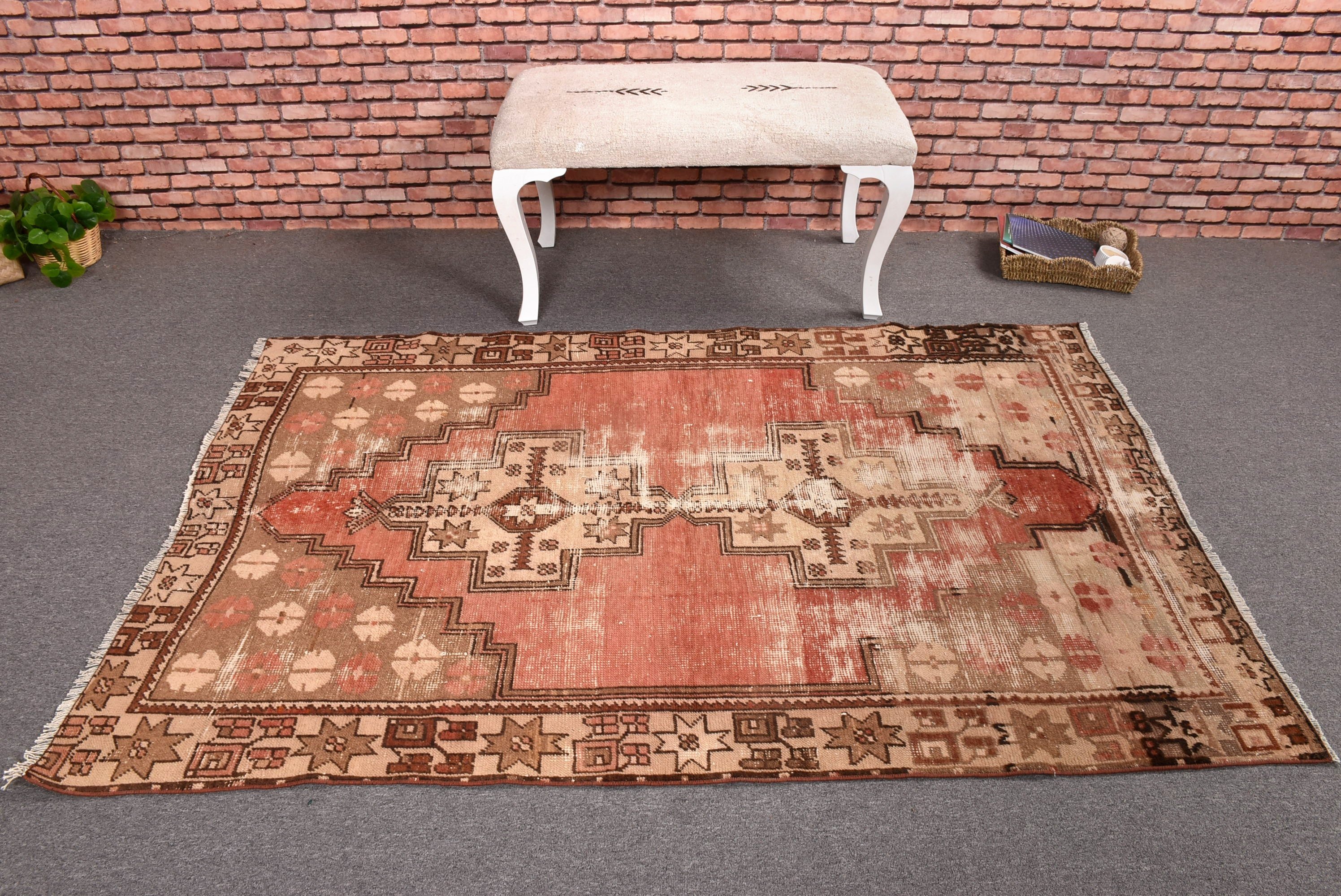 Wool Rugs, Rugs for Area, Vintage Rug, Turkish Rugs, Red Geometric Rugs, Bedroom Rugs, Living Room Rugs, Indoor Rugs, 4.1x6.3 ft Area Rugs