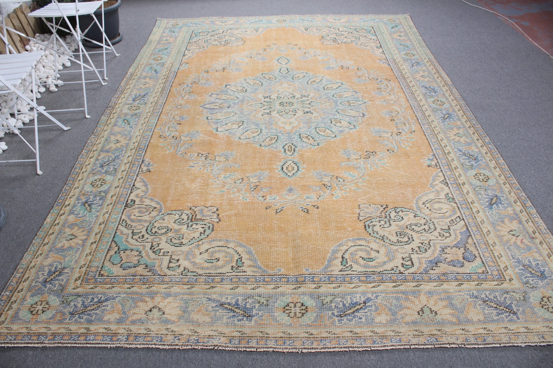 Vintage Halılar, Tasarımcı Halısı, Salon Halısı, Antika Halı, Oushak Halısı, Turuncu Oushak Halısı, Yemek Odası Halısı, 7.3x10.5 ft Büyük Boy Halı, Türk Halısı