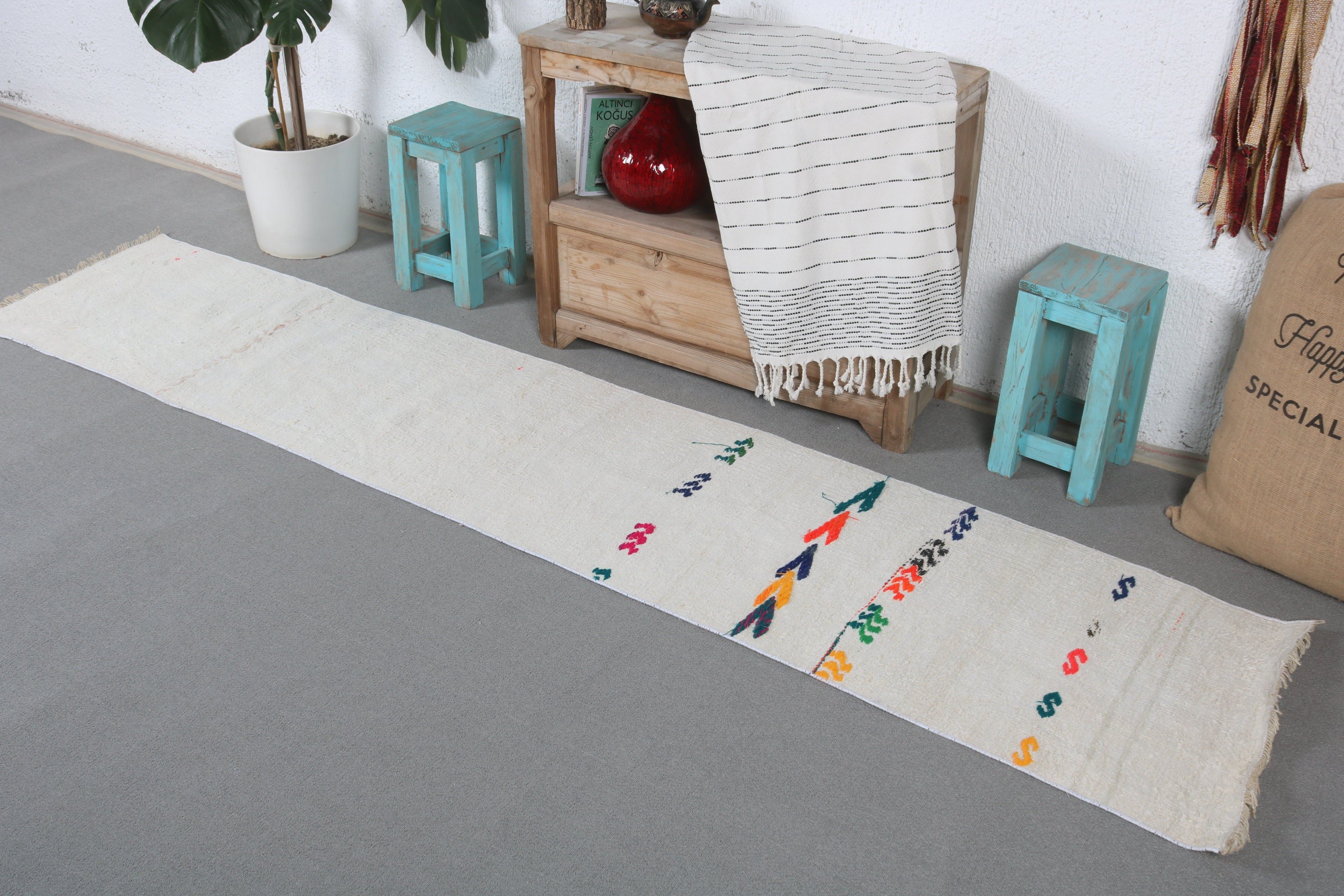 Vintage Rug, Cool Rug, White Kitchen Rug, Turkish Rug, 1.7x8.4 ft Runner Rugs, Kilim, Pale Rug, Stair Rugs, Wool Rug, Rugs for Corridor