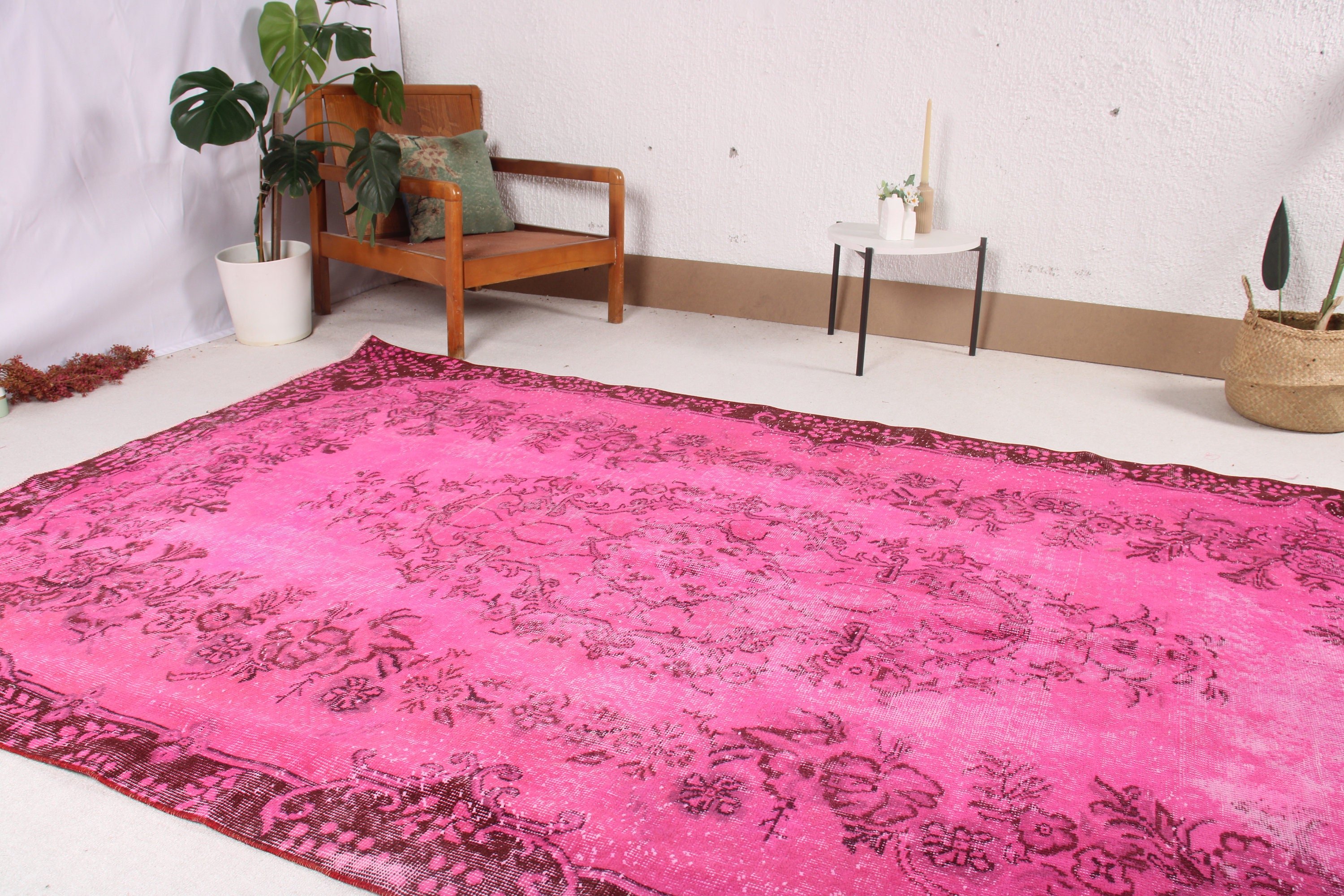 Oturma Odası Halısı, Pembe El Dokuma Halı, 5.8x9.5 ft Büyük Halı, Vintage Halı, Oushak Halı, Yemek Odası Halıları, Ev Dekor Halıları, Türk Halısı