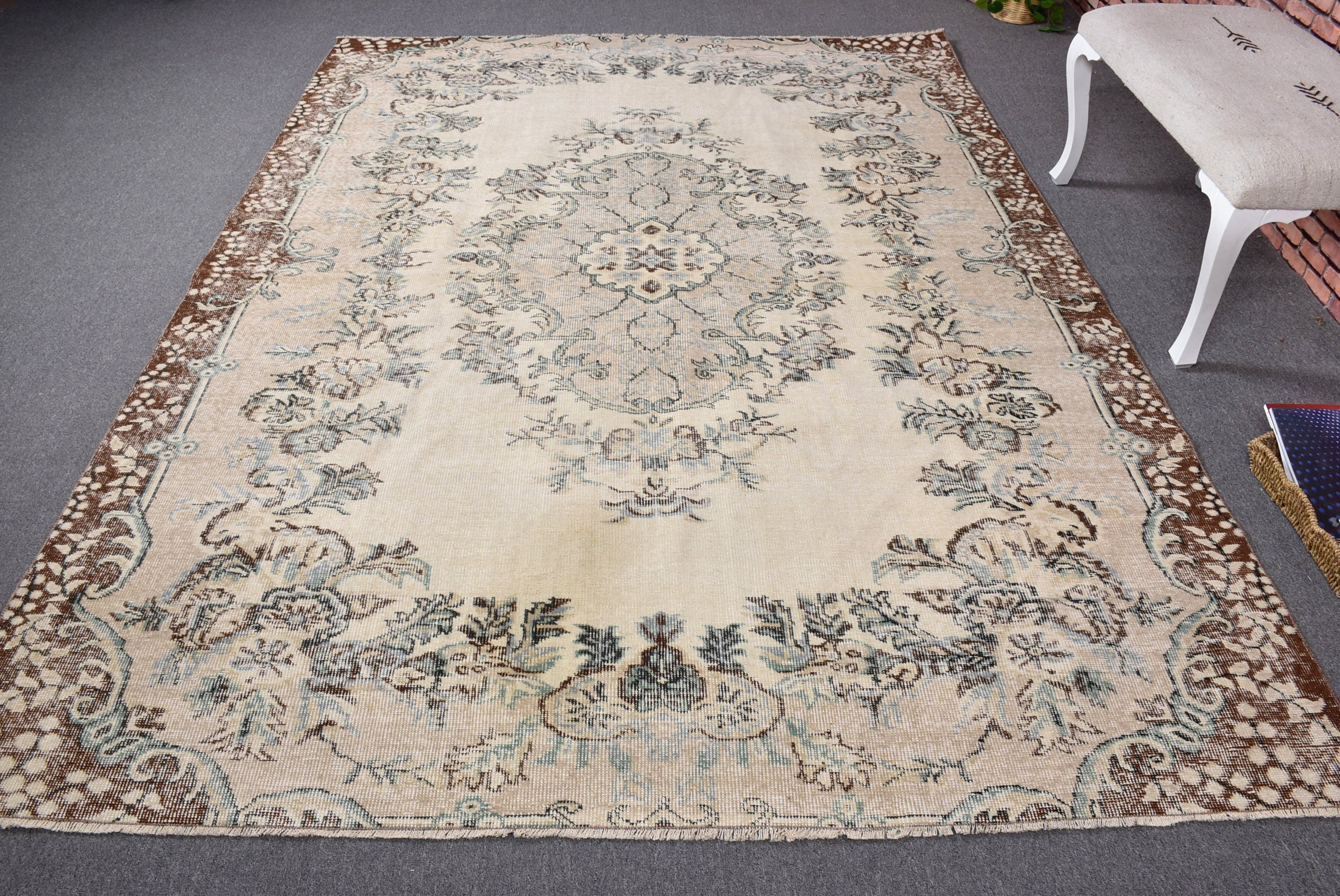 Yatak Odası Halısı, Salon Halıları, 6.9x9.4 ft Büyük Halı, Türk Halısı, Salon Halısı, Bej Fas Halısı, Havalı Halılar, Vintage Halılar, Oushak Halısı