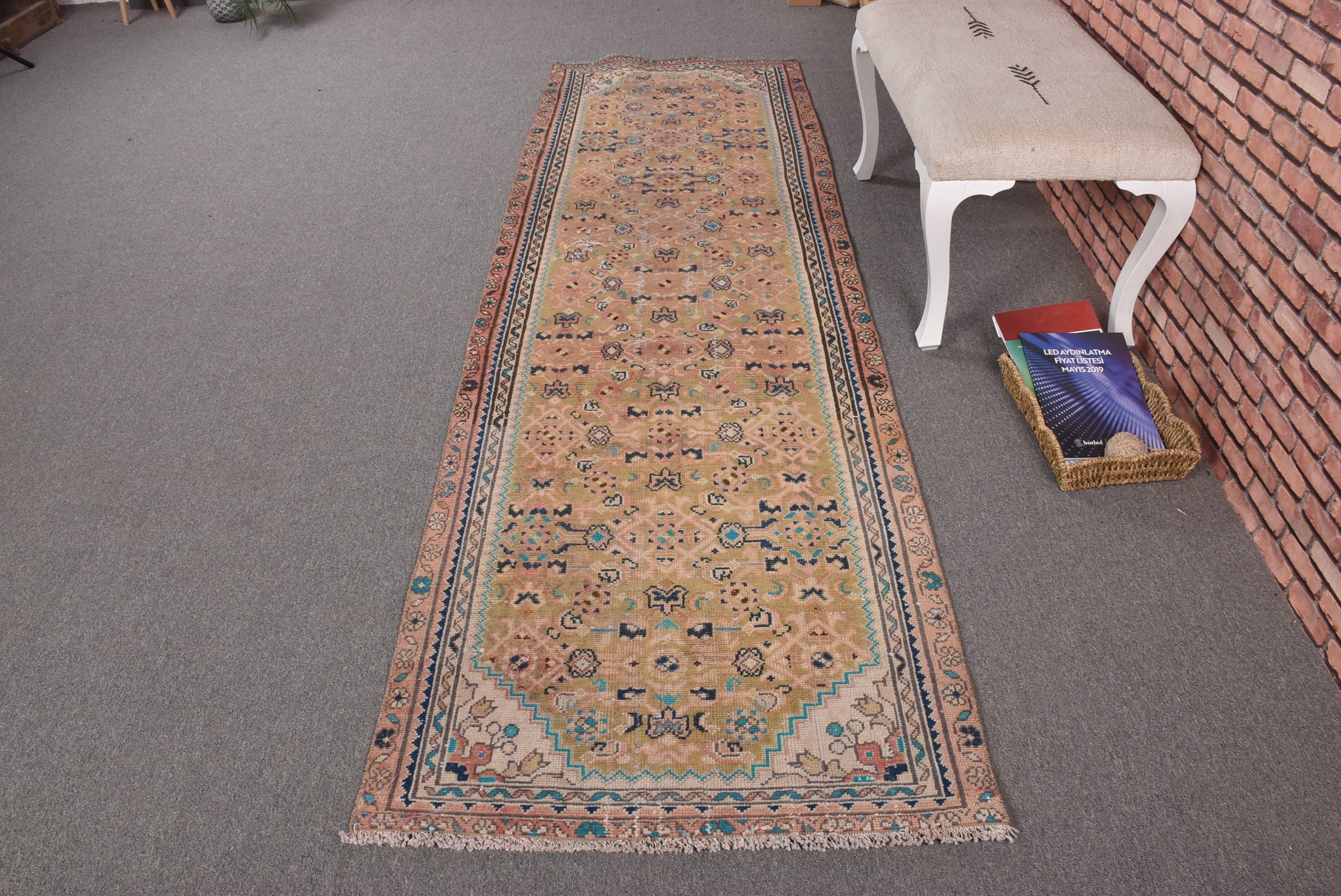 2.8x9.2 ft Yolluk Halıları, Türk Halıları, Vintage Halı, Merdiven Halıları, Geometrik Halı, Yeşil Geometrik Halılar, Düz Dokuma Halılar, Mutfak Halısı