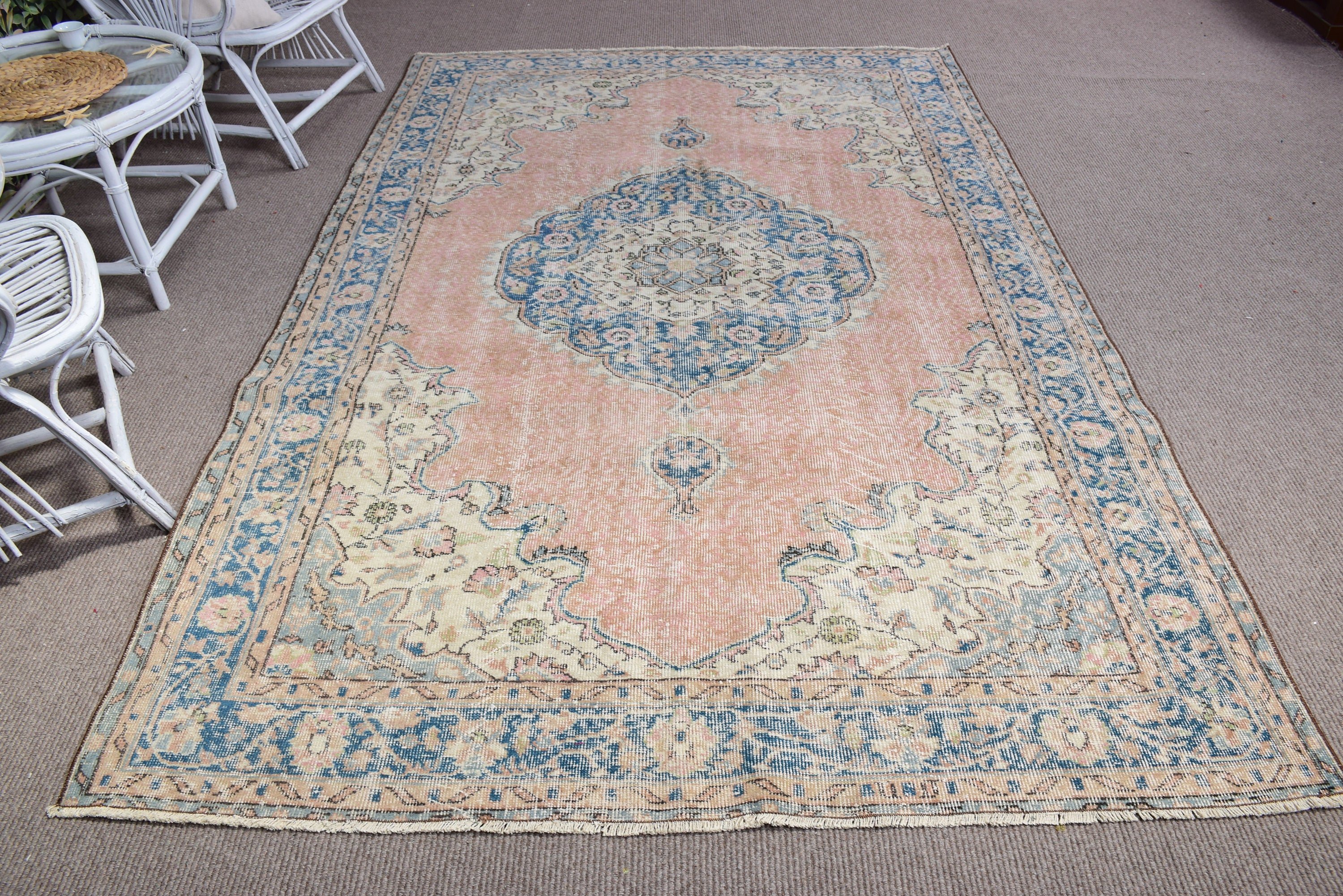 Türk Halısı, 5.9x9.1 ft Büyük Halı, Turuncu Geometrik Halı, Yün Halılar, Büyük Vintage Halılar, Büyük Oushak Halıları, Vintage Halı, Anadolu Halıları