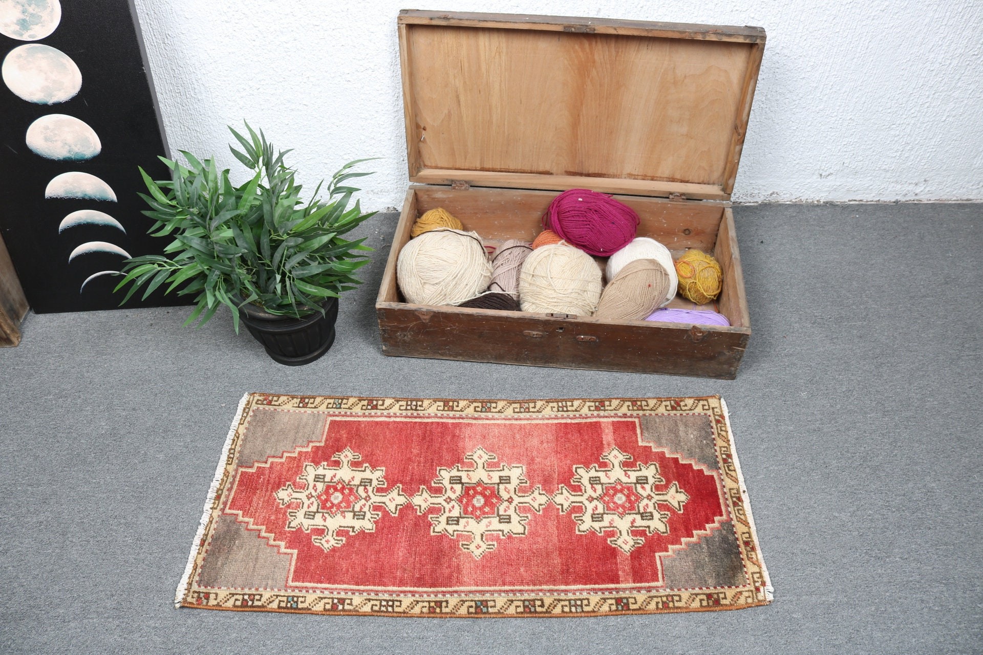 Küçük Alan Halıları, Vintage Halılar, Yün Halı, 1,5x3,2 ft Küçük Halı, Araba Paspas Halıları, Kırmızı Yün Halı, Yatak Odası Halısı, Boho Halısı, Türk Halısı