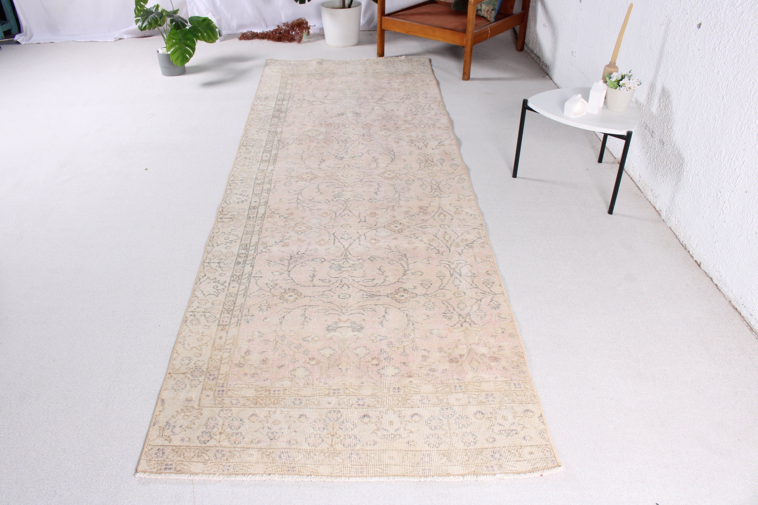 Mutfak Halıları, 3.4x10 ft Yolluk Halılar, Pembe Lüks Halı, Uzun Yolluk Halılar, Yer Halıları, El Dokuma Halı, Vintage Halı, Türk Halıları