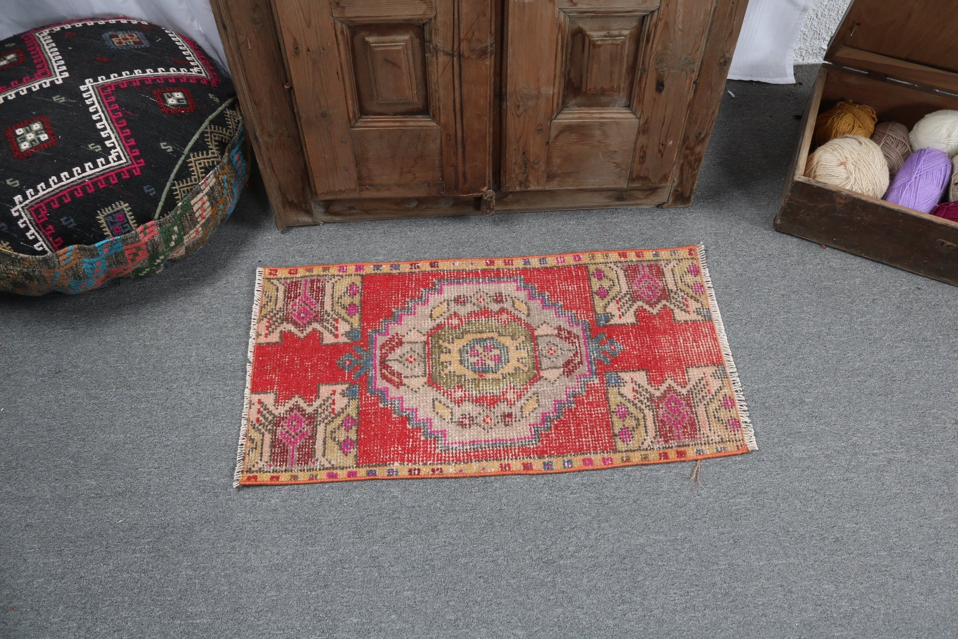 Vintage Rugs, Home Decor Rugs, Turkish Rug, Oushak Rugs, 1.5x2.8 ft Small Rugs, Bathroom Rug, Red Antique Rugs, Small Vintage Rugs