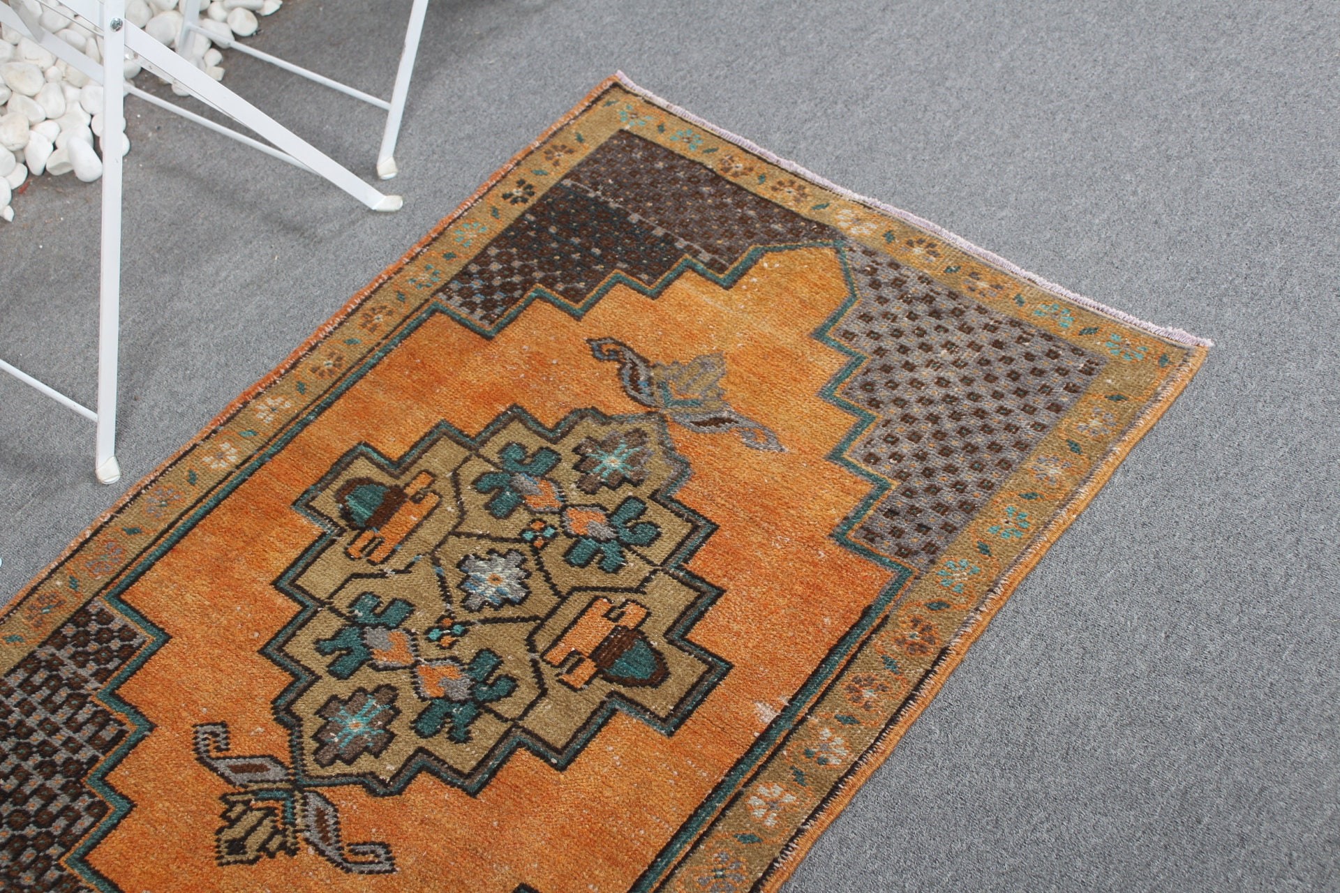 Araba Paspas Halısı, Sessiz Halı, 2,5x3,8 ft Küçük Halı, Giriş Halıları, Oushak Halıları, Turuncu Antika Halılar, Vintage Halılar, Türk Halıları