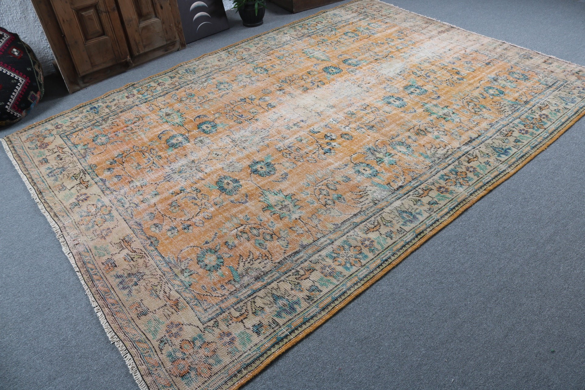 6.8x9.6 ft Büyük Halı, Vintage Halı, Türk Halısı, Oturma Odası Halıları, Antika Halı, Yemek Odası Halısı, Sarı Antika Halı, Yatak Odası Halıları, Yer Halısı