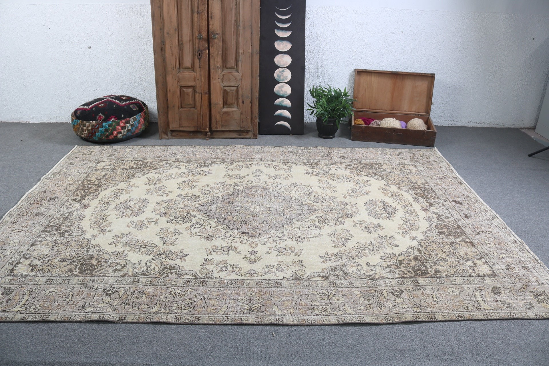 Wool Rug, Large Vintage Rugs, Large Boho Rug, Turkish Rug, Geometric Rug, Vintage Rugs, Beige  6.9x10 ft Large Rugs, Floor Rug