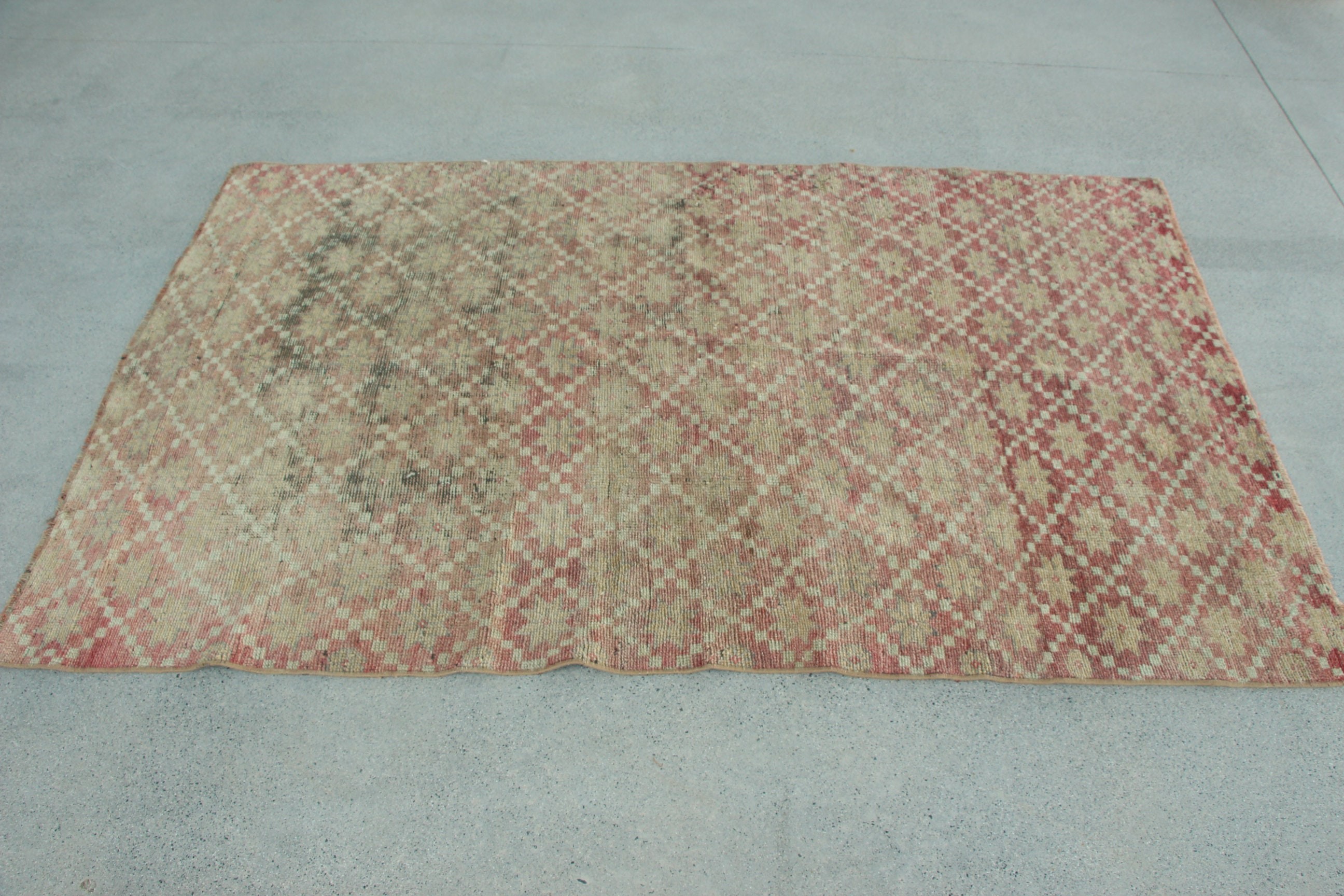 Kırmızı Yer Halısı, Yatak Odası Halıları, 4x6.4 ft Alan Halısı, Türk Halıları, Geometrik Halılar, Vintage Halı, Vintage Dekor Halısı, Yemek Odası Halıları, Lüks Halılar