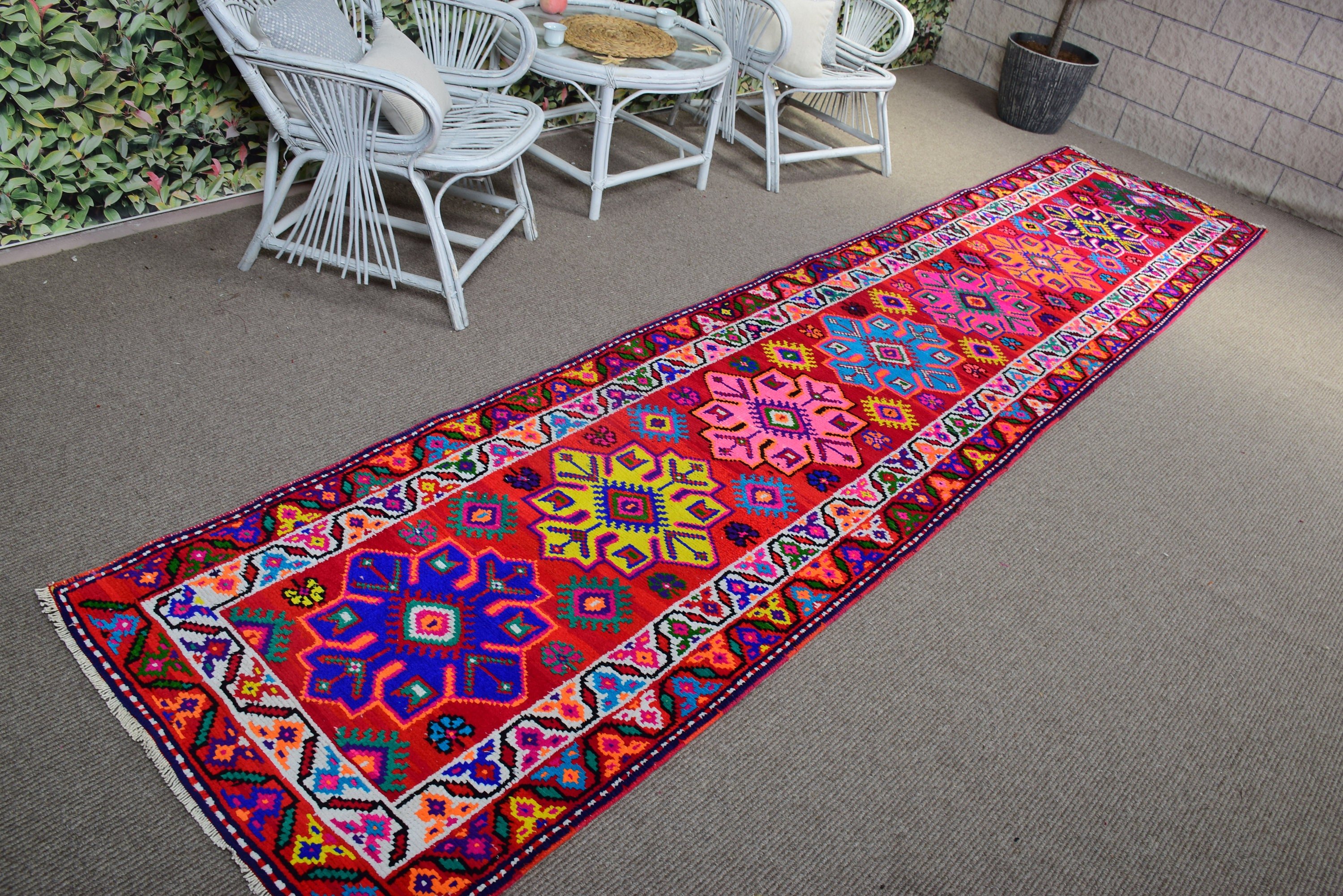 Handwoven Rugs, Turkish Rug, 2.9x13.6 ft Runner Rugs, Beni Ourain Runner Rug, Luxury Rugs, Flatweave Rug, Vintage Rugs, Red Geometric Rug