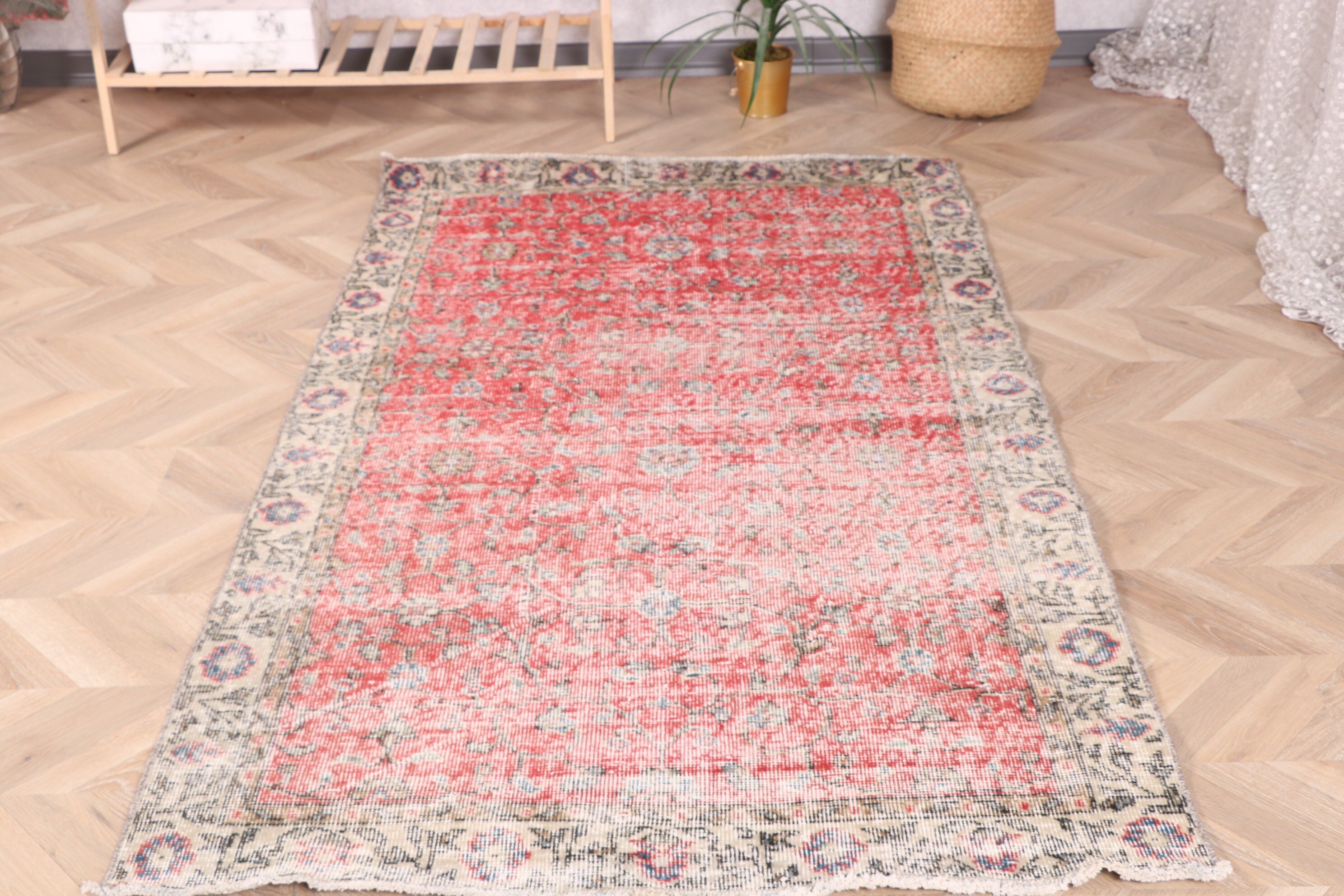 Vintage Rug, Rugs for Bedroom, Red Floor Rugs, 3.7x6.6 ft Area Rugs, Antique Rugs, Wool Rug, Living Room Rugs, Turkish Rug, Nursery Rugs