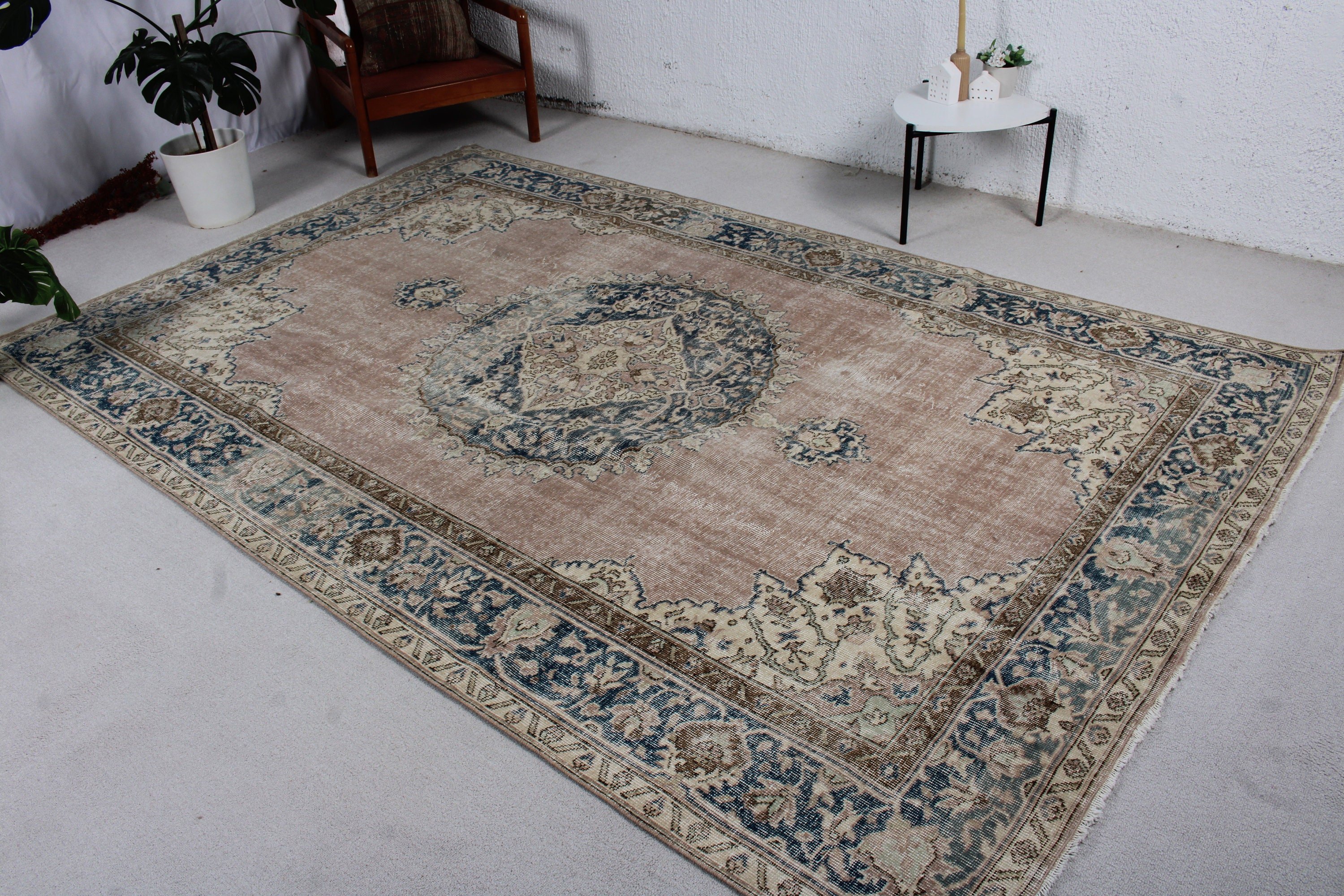 Havalı Halılar, Mavi Antika Halılar, Boho Halı, 6,5x9,9 ft Büyük Halı, Yatak Odası Halısı, Büyük Oushak Halıları, Vintage Halı, Türk Halısı, Oryantal Halı