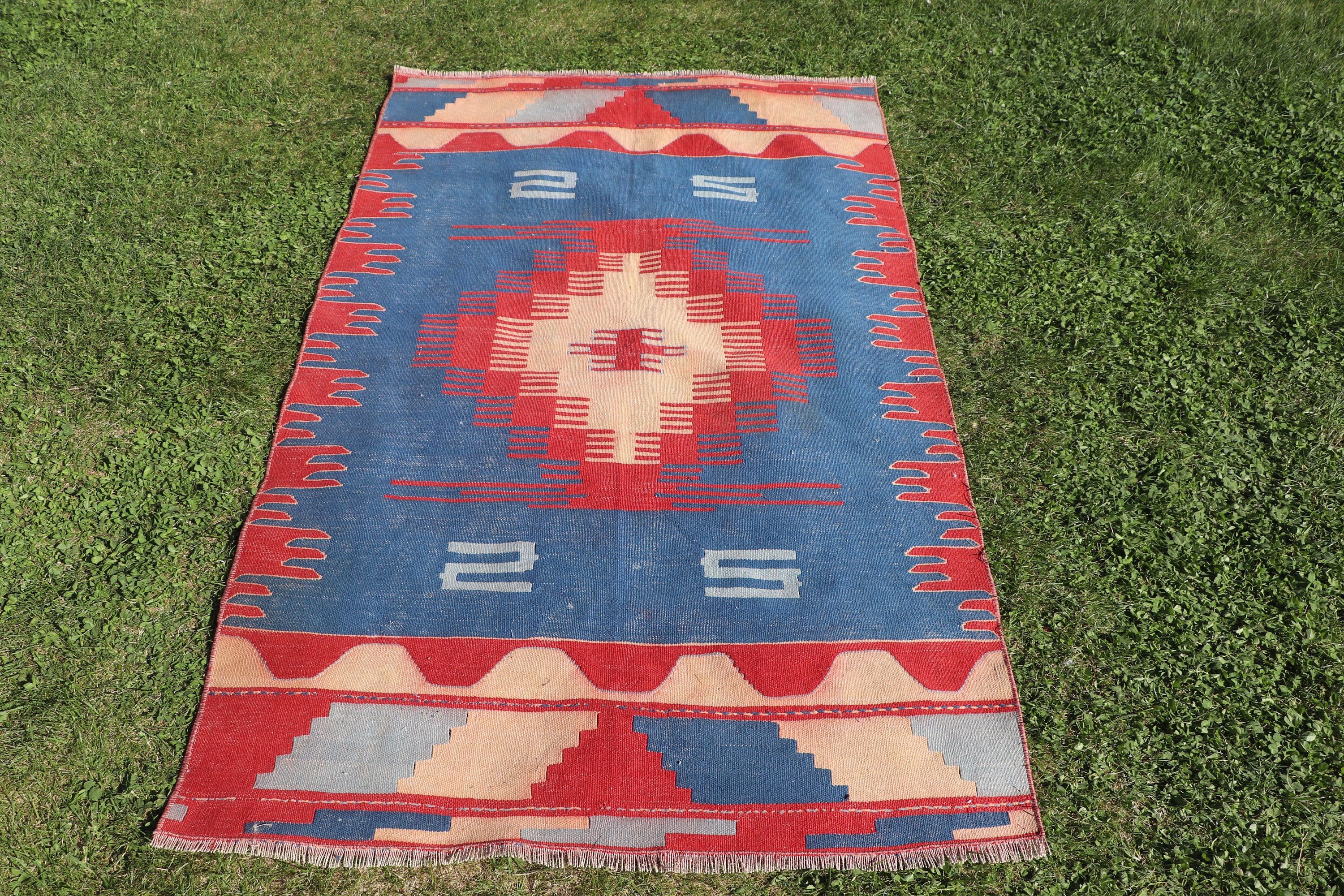 Düz Dokuma Halılar, Mavi 3,3x5,2 ft Vurgulu Halılar, Vintage Halılar, Türk Halıları, Giriş Halıları, Vintage Vurgulu Halı, Kilim, Antika Halılar