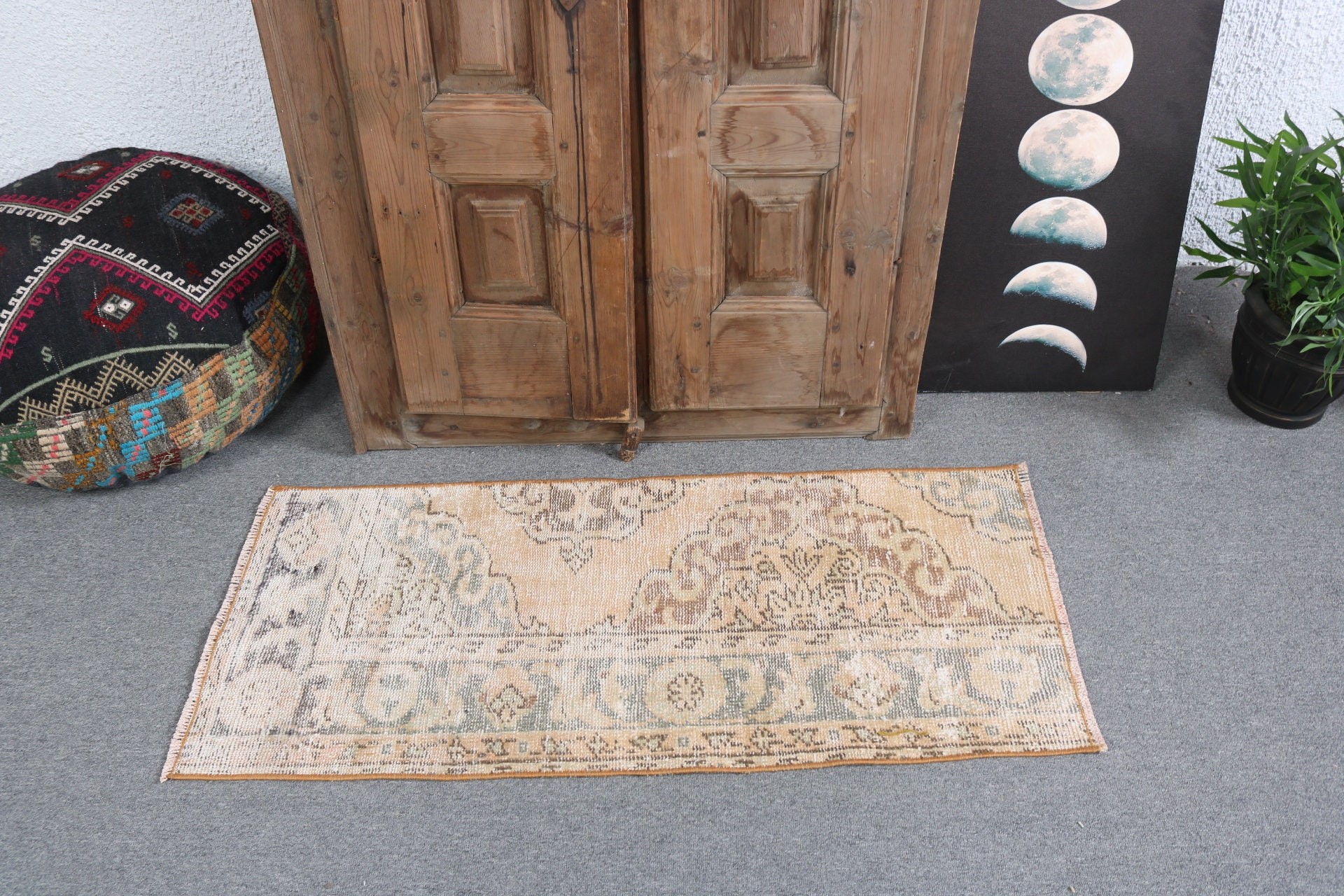 Vintage Halı, Turuncu Fas Halıları, 1.6x3.7 ft Küçük Halılar, Türk Halısı, Paspas Halısı, Banyo Halıları, Yatak Odası Halıları, Lüks Halı