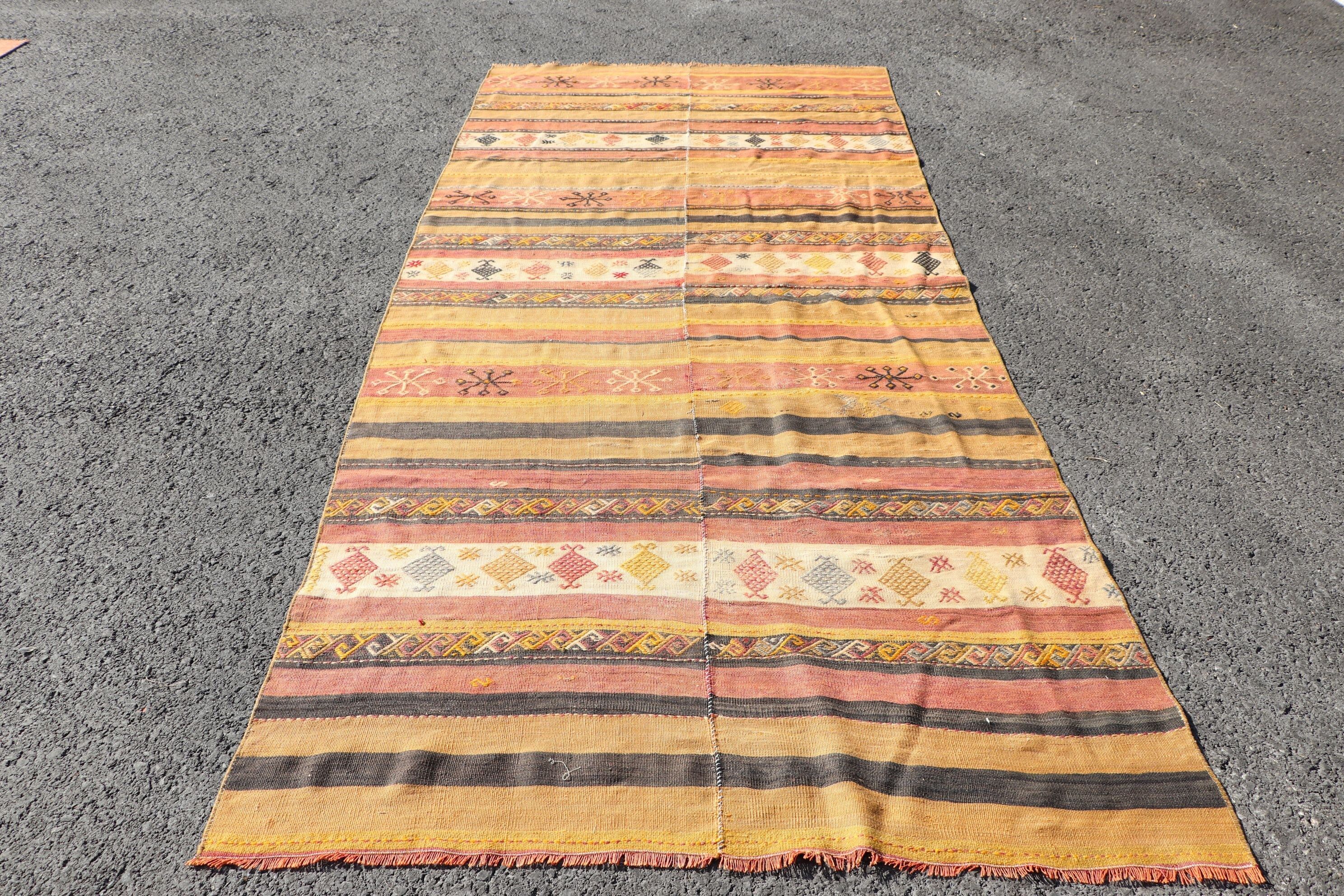 Vintage Halı, Yün Halı, Oryantal Halı, Kilim, Türk Halıları, 4,6x10,1 ft Büyük Halılar, Oturma Odası Halısı, Yemek Odası Halıları, Sarı Yatak Odası Halıları