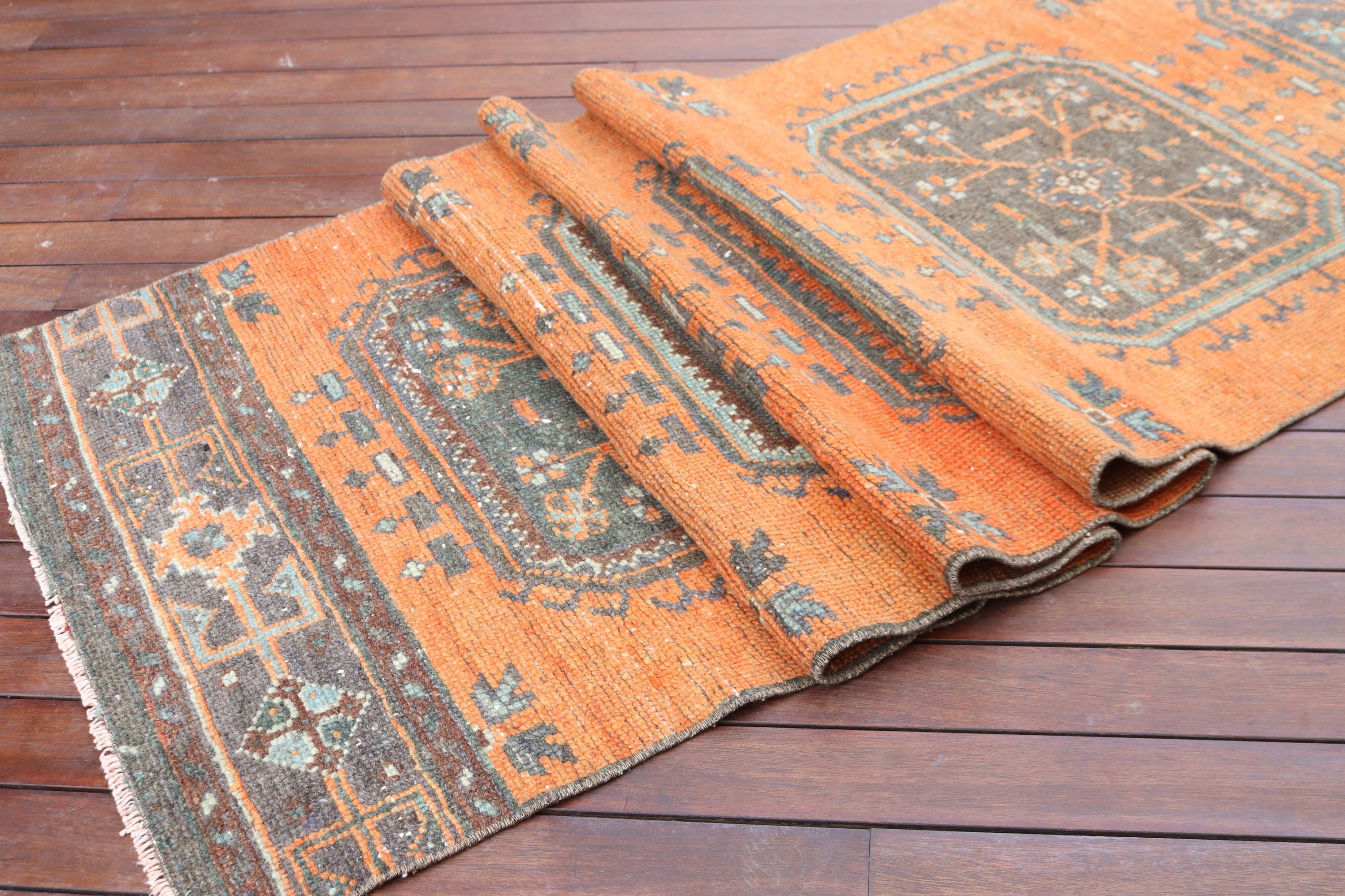 3x11.4 ft Runner Rugs, Geometric Rugs, Vintage Rugs, Orange Anatolian Rugs, Turkish Rugs, Beni Ourain Runner Rug, Kitchen Rugs, Cool Rug