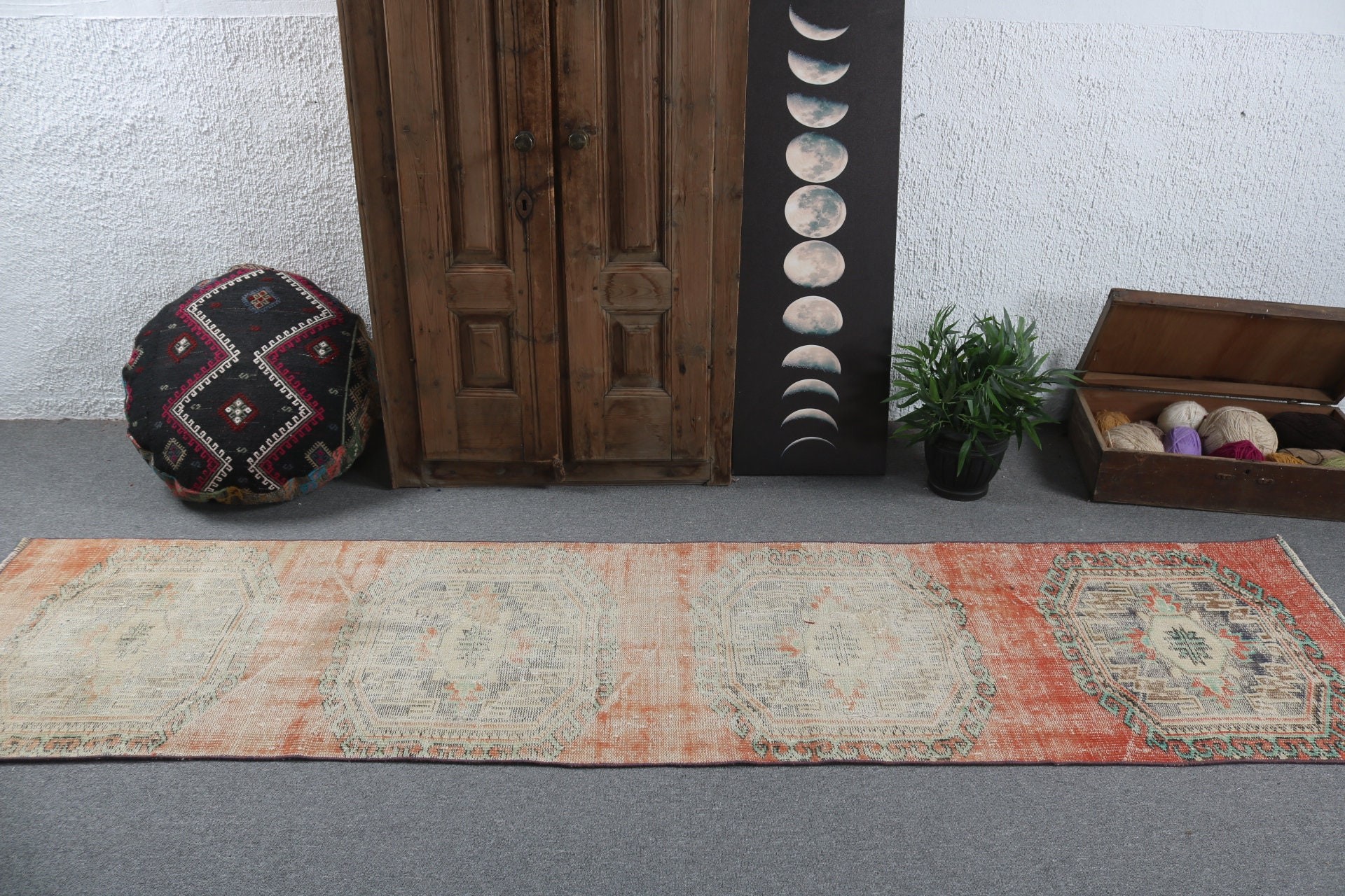 Beni Ourain Runner Rug, Boho Rug, Turkish Rugs, Vintage Rugs, 2.5x9.8 ft Runner Rugs, Flatweave Rugs, Hallway Rugs, Orange Kitchen Rugs