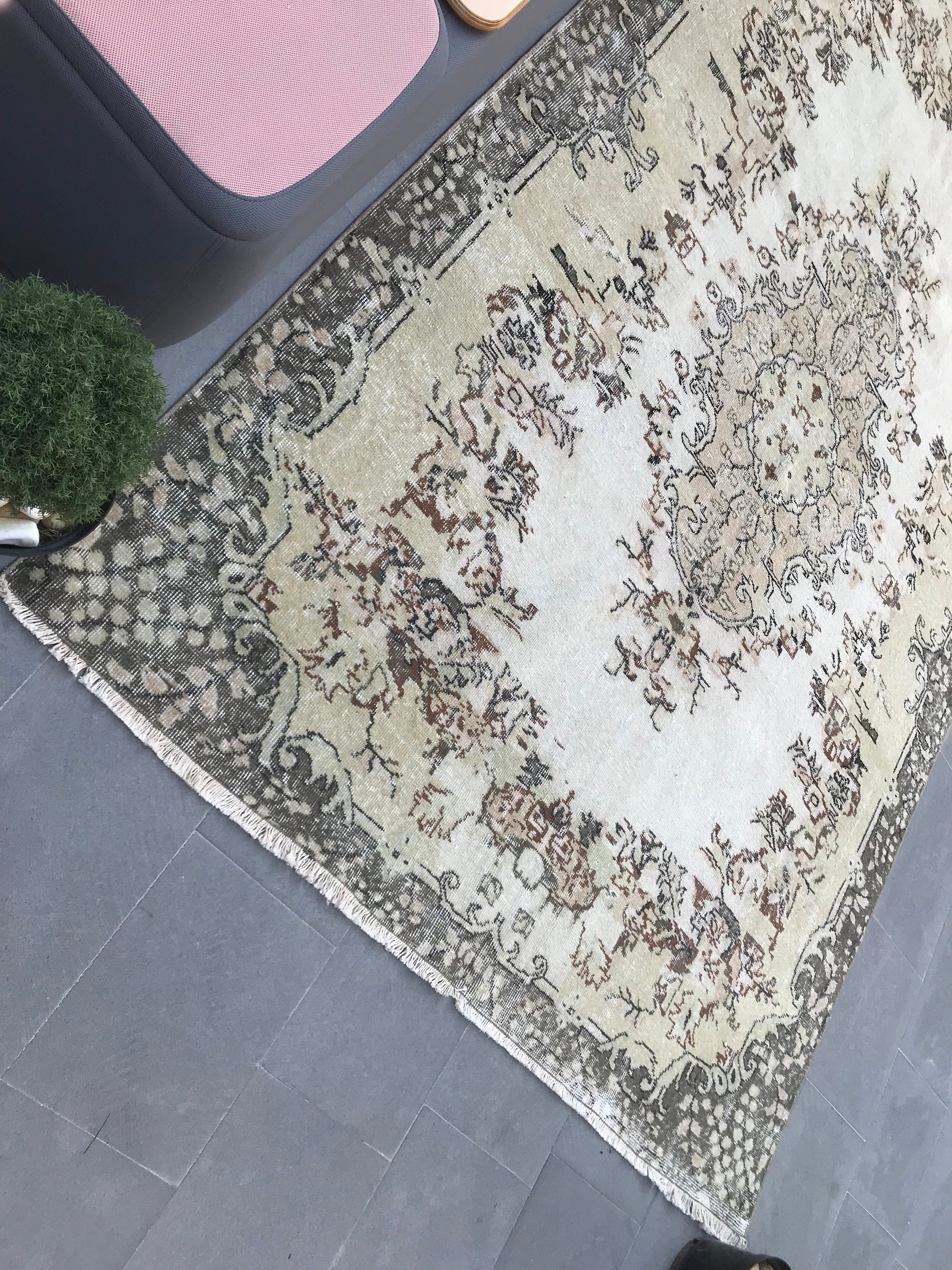 Living Room Rug, Anatolian Rug, 6.3x9.8 ft Large Rug, Salon Rug, White Cool Rugs, Turkish Rugs, Vintage Rug, Turkey Rugs