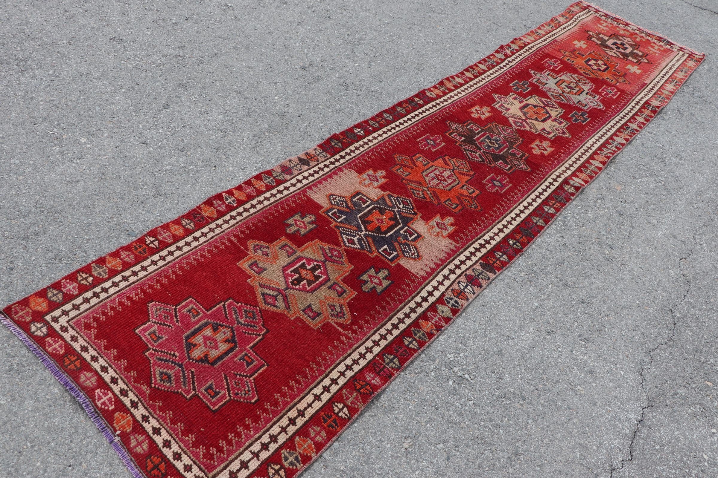 Corridor Rug, Hallway Rugs, Antique Rug, Red Floor Rugs, Turkish Rugs, Bedroom Rugs, 2.7x11.6 ft Runner Rug, Vintage Rugs, Hand Woven Rugs