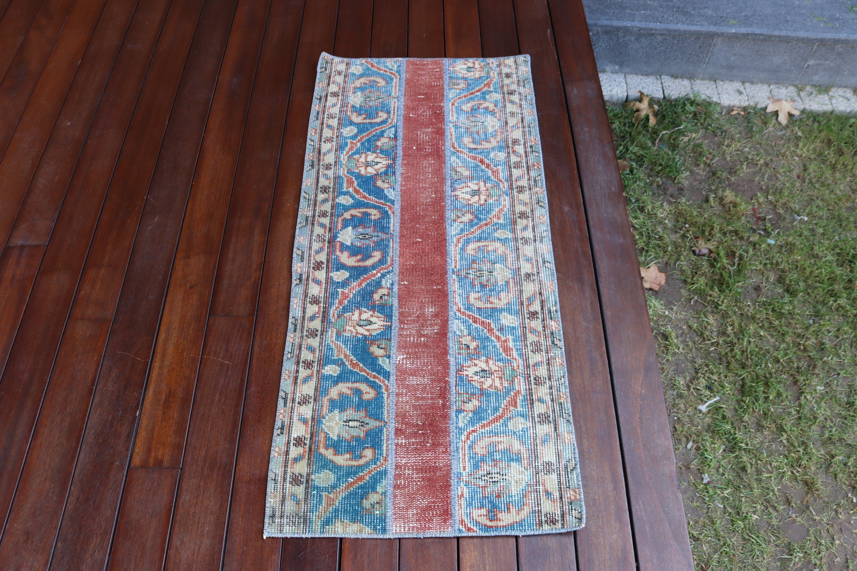 Turkish Rug, Vintage Rugs, Geometric Rugs, Blue Oriental Rugs, Kitchen Rugs, 1.7x3.8 ft Small Rug, Aesthetic Rugs, Bath Rug, Small Area Rug