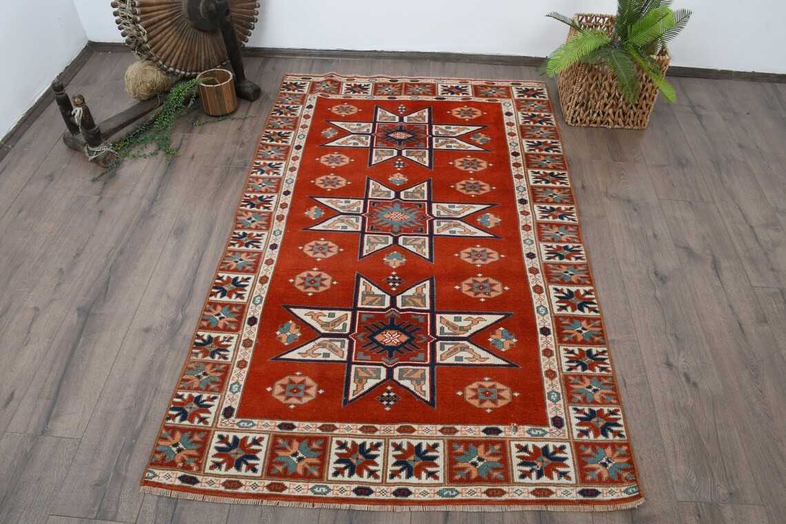 Turkish Rug Vintage Accent Anatolian Rugs For Entry 3.5x5.7 ft Orange Oriental Decor Wedding Abstract Eclectic Colorful Neutral Turkish