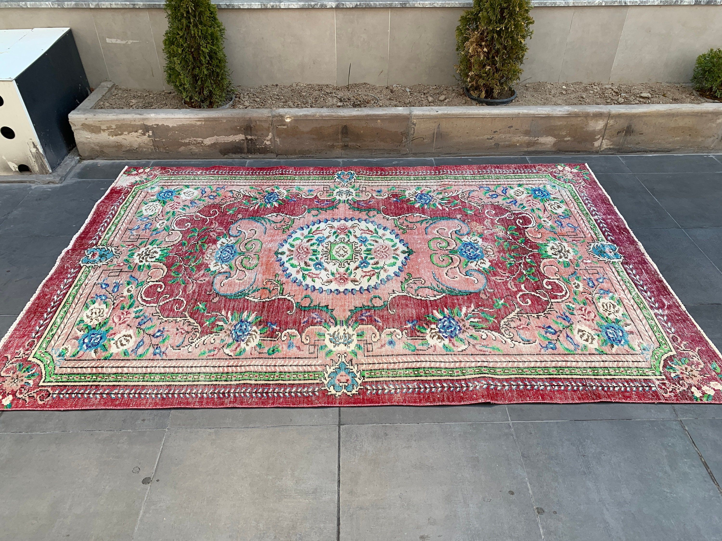 Vintage Halı, Türk Halısı, 6.1x9.4 ft Büyük Halı, Kırmızı Soğuk Halı, Salon Halıları, Yün Halı, Yemek Odası Halısı, Oturma Odası Halıları