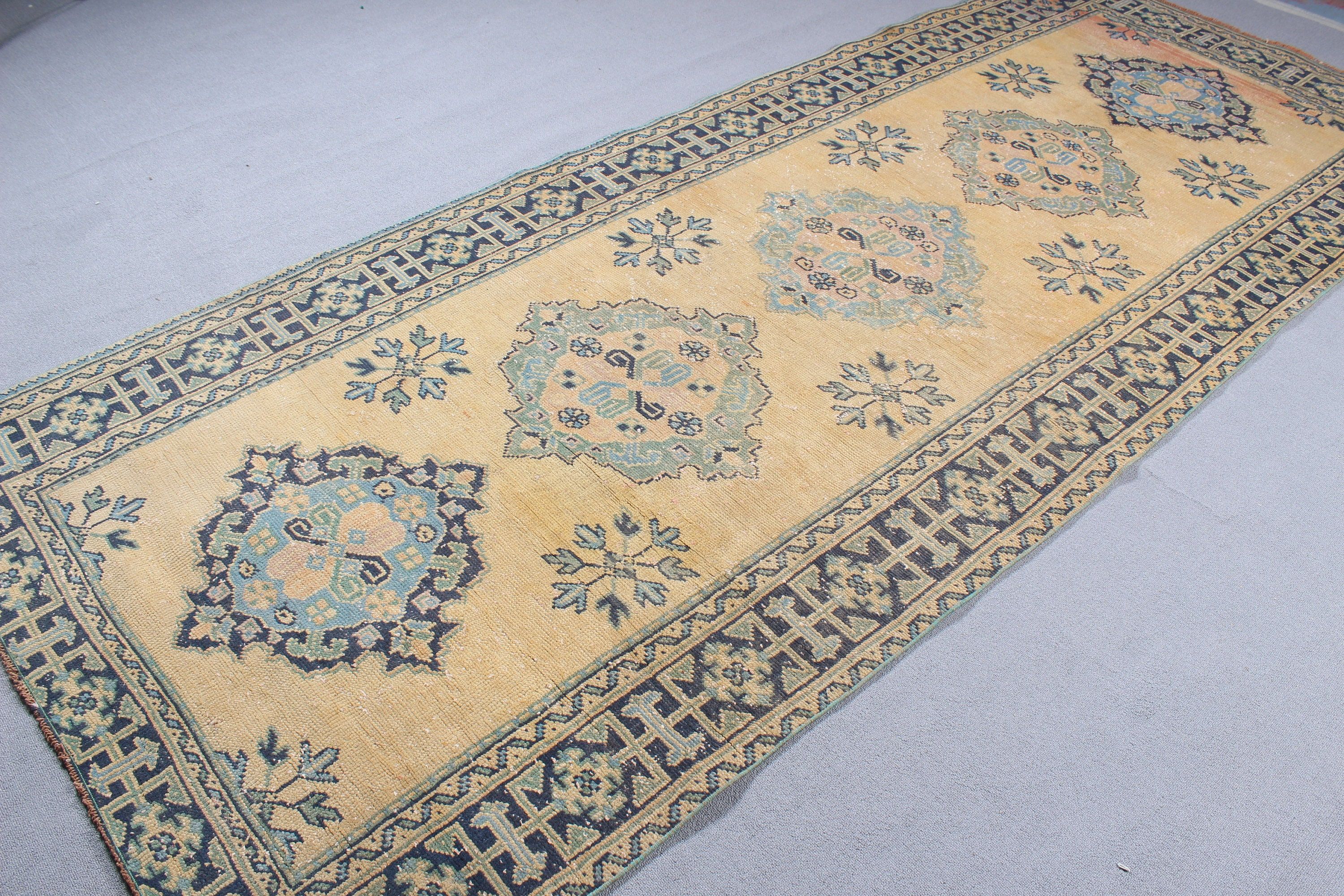 Boho Halı, Vintage Halı, 4.4x10.8 ft Büyük Halılar, Türk Halısı, Oturma Odası Halıları, Sarı Antika Halılar, Yatak Odası Halıları, Açıklama Halısı, Oushak Halısı