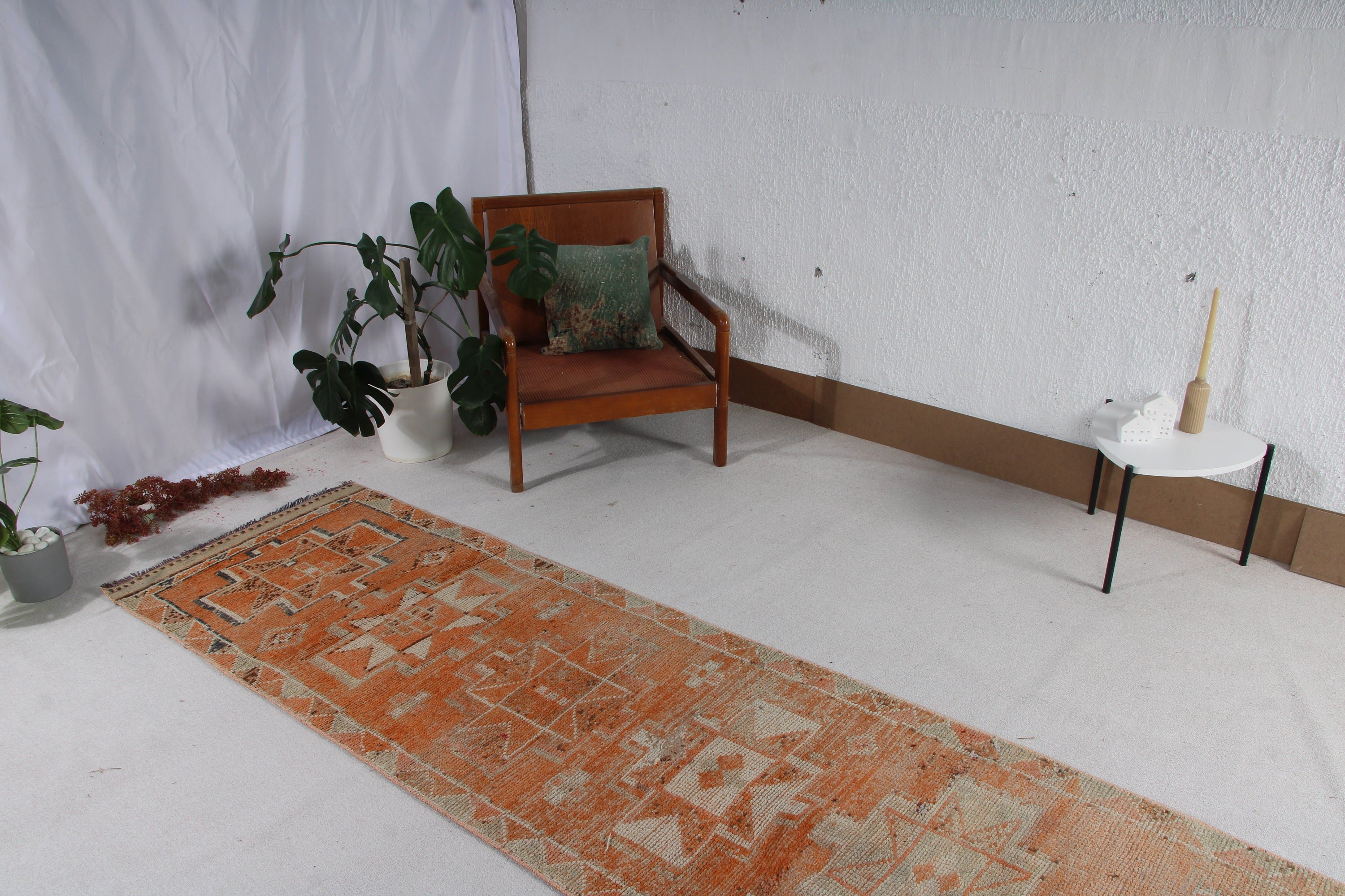 Vintage Halı, Yatak Odası Halıları, Anadolu Halısı, Beni Ourain Koşucu Halısı, Türk Halısı, Koridor Halısı, Turuncu Oushak Halıları, 2.8x11.5 ft Runner Halısı