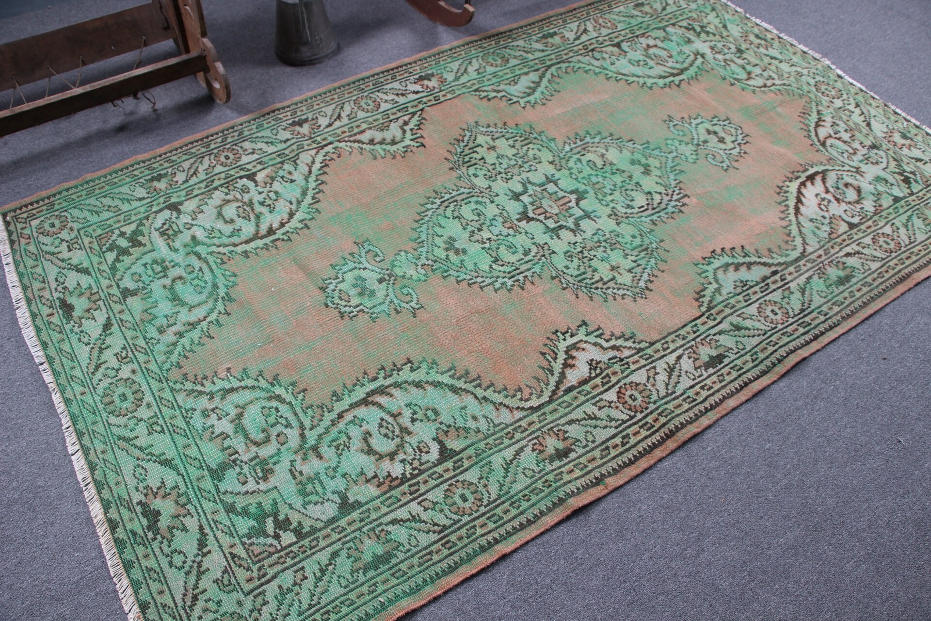 Yeşil Oushak Halı, 4.7x7.8 ft Alan Halıları, İç Mekan Halıları, Vintage Halılar, Düz Dokuma Halı, İç Mekan Halıları, Türk Halısı, Antika Halı, Anadolu Halısı