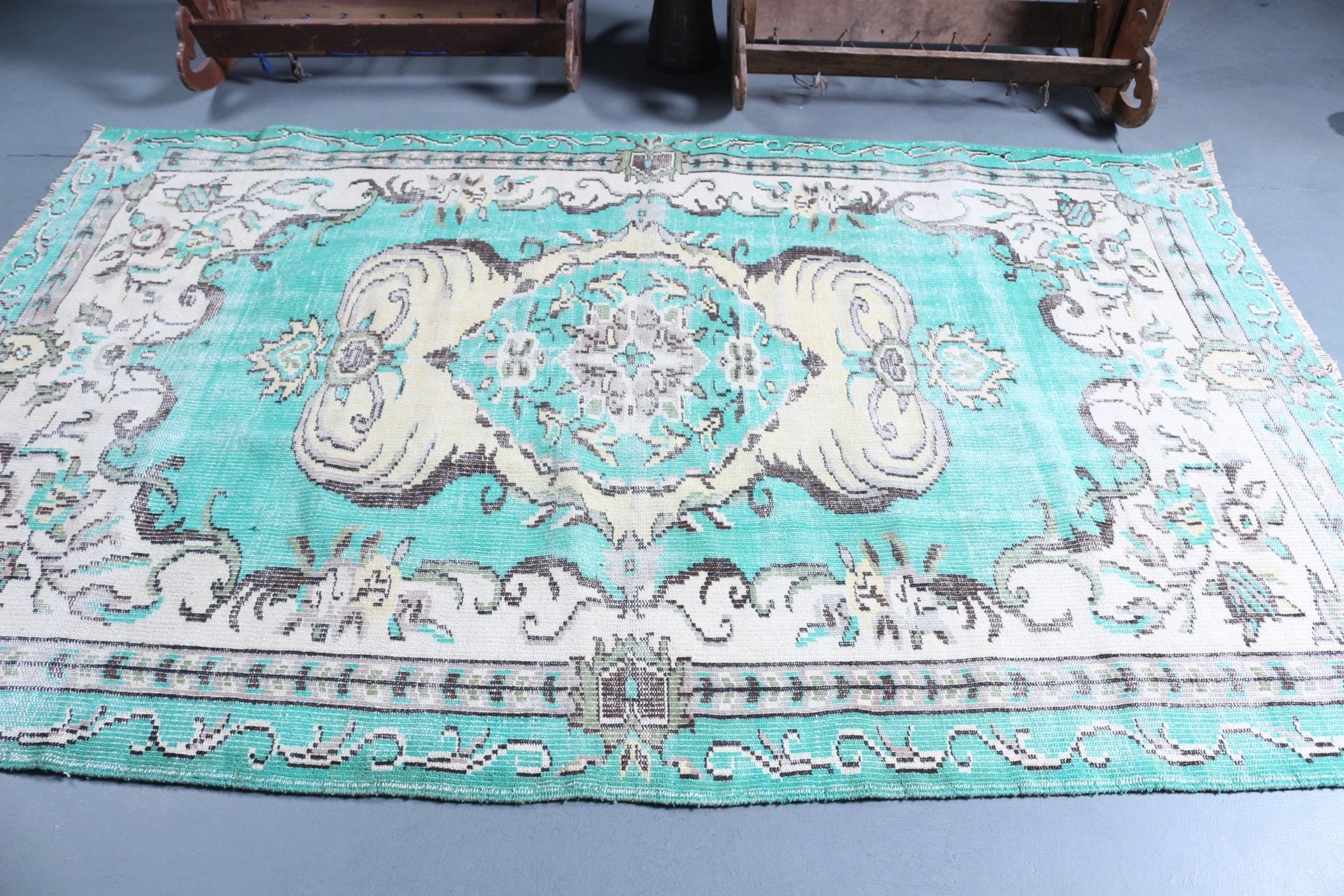 Türk Halıları, Vintage Halı, Yeşil Oushak Halıları, Antika Halı, Oturma Odası Halısı, Sanat Halısı, Mutfak Halıları, 5.4x8.7 ft Büyük Halı, Yemek Odası Halısı