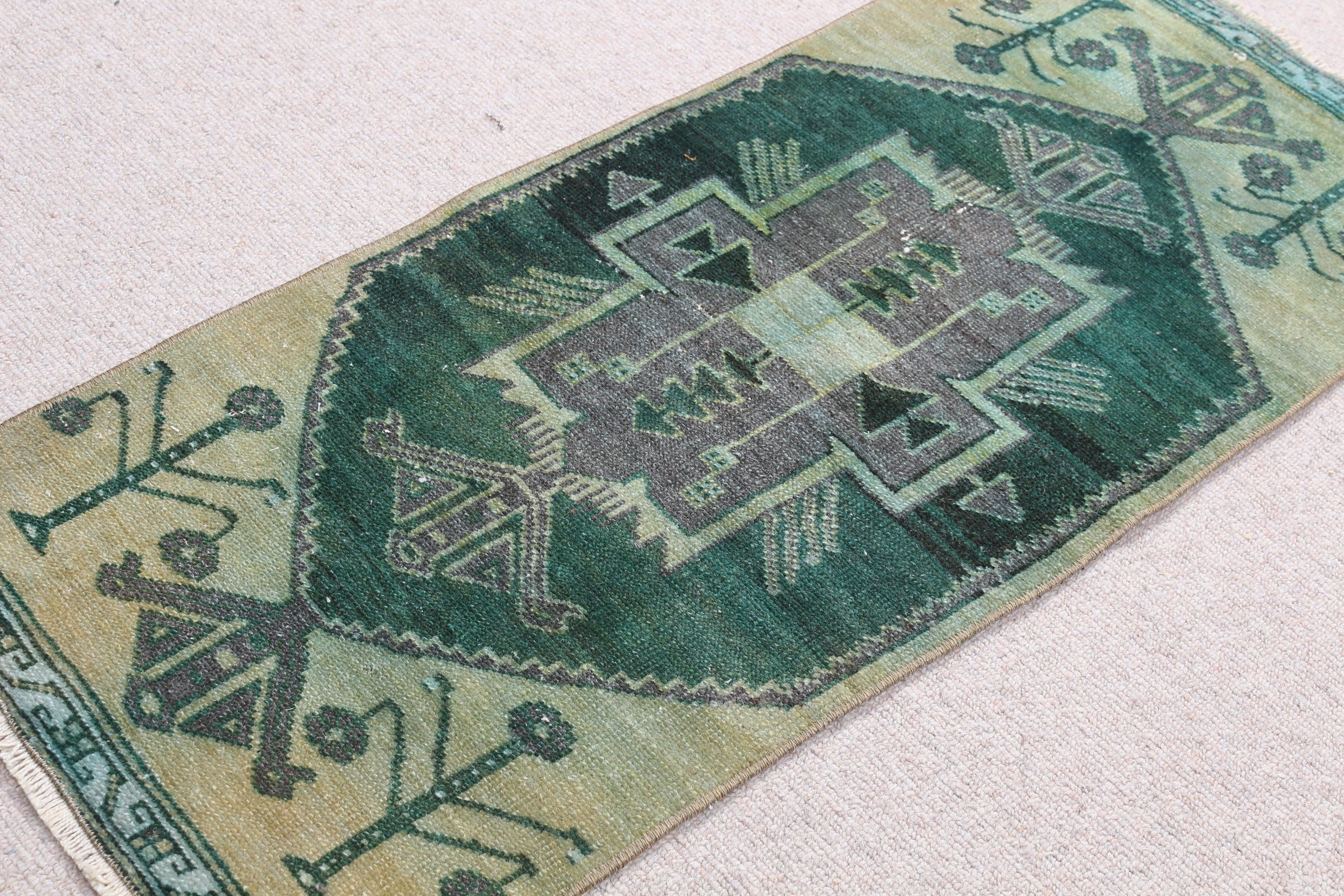 Home Decor Rug, Vintage Rugs, Door Mat Rug, Turkish Rug, Green  1.4x3.3 ft Small Rug, Wall Hanging Rugs, Old Rug