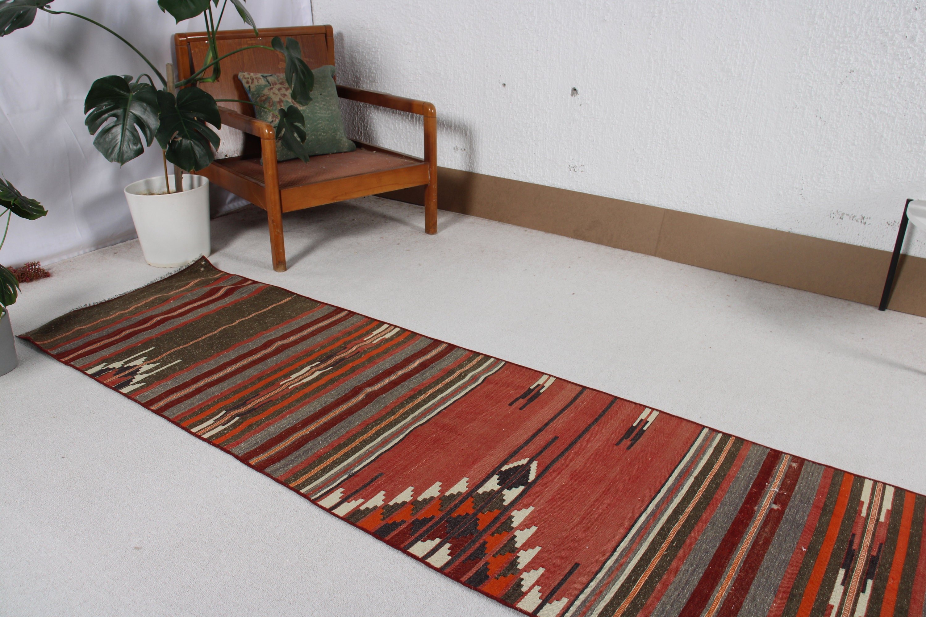 Nötr Halılar, Kilim, 2.2x9.7 ft Yolluk Halı, Türk Halısı, Kırmızı Boho Halılar, Beni Ourain Koşucu Halıları, Düz Dokuma Halı, Merdiven Halısı, Vintage Halılar