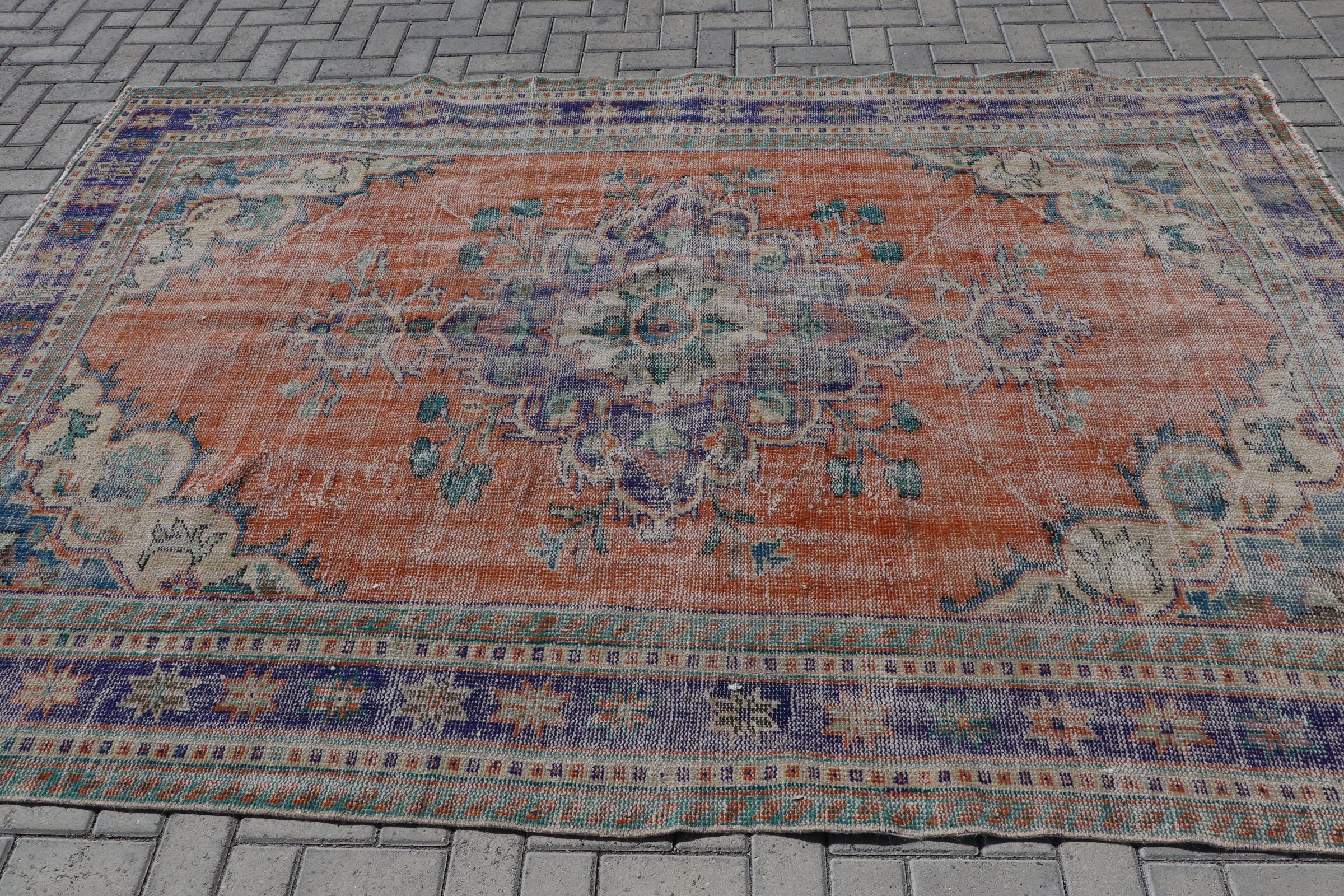 Kırmızı Soğuk Halı, Oturma Odası Halısı, Oushak Halısı, Vintage Halı, Doğal Halılar, Oryantal Halı, Yemek Odası Halıları, Türk Halısı, 6,4x9,4 ft Büyük Halı