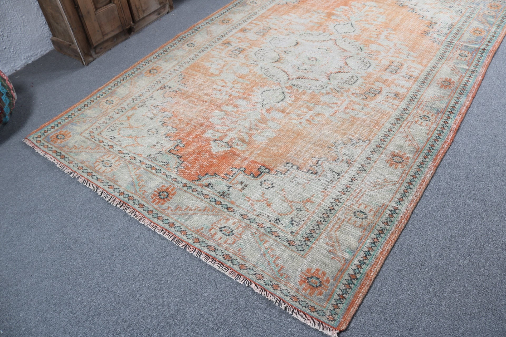 Turkish Rugs, Neutral Rug, Living Room Rugs, Orange Anatolian Rugs, Geometric Rug, 5.9x9.1 ft Large Rugs, Vintage Rug, Salon Rugs