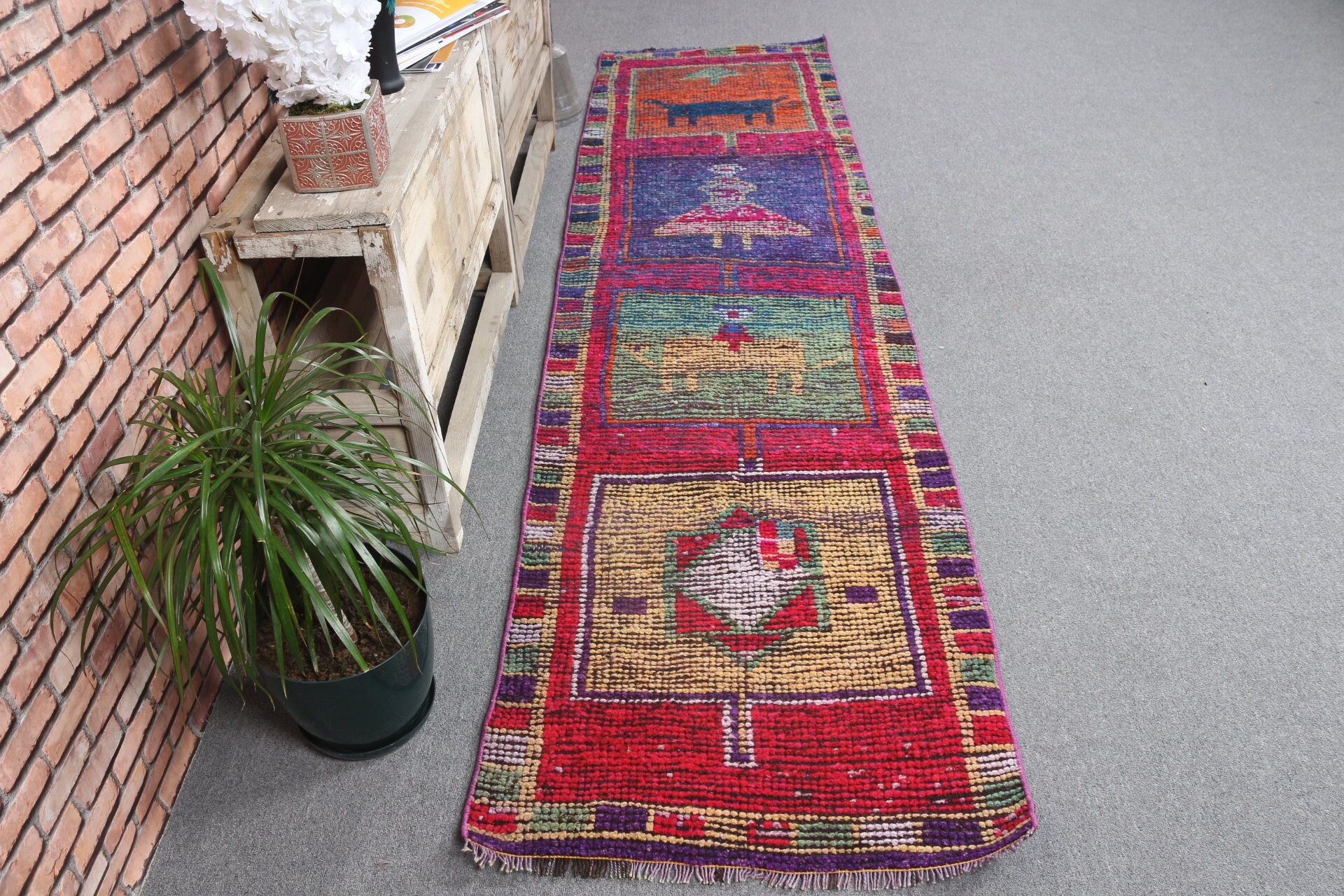 Turkish Rugs, Vintage Rug, Cool Rugs, Oushak Rug, 2.5x9.5 ft Runner Rug, Red Oushak Rug, Rugs for Stair, Hallway Rug, Vintage Decor Rug
