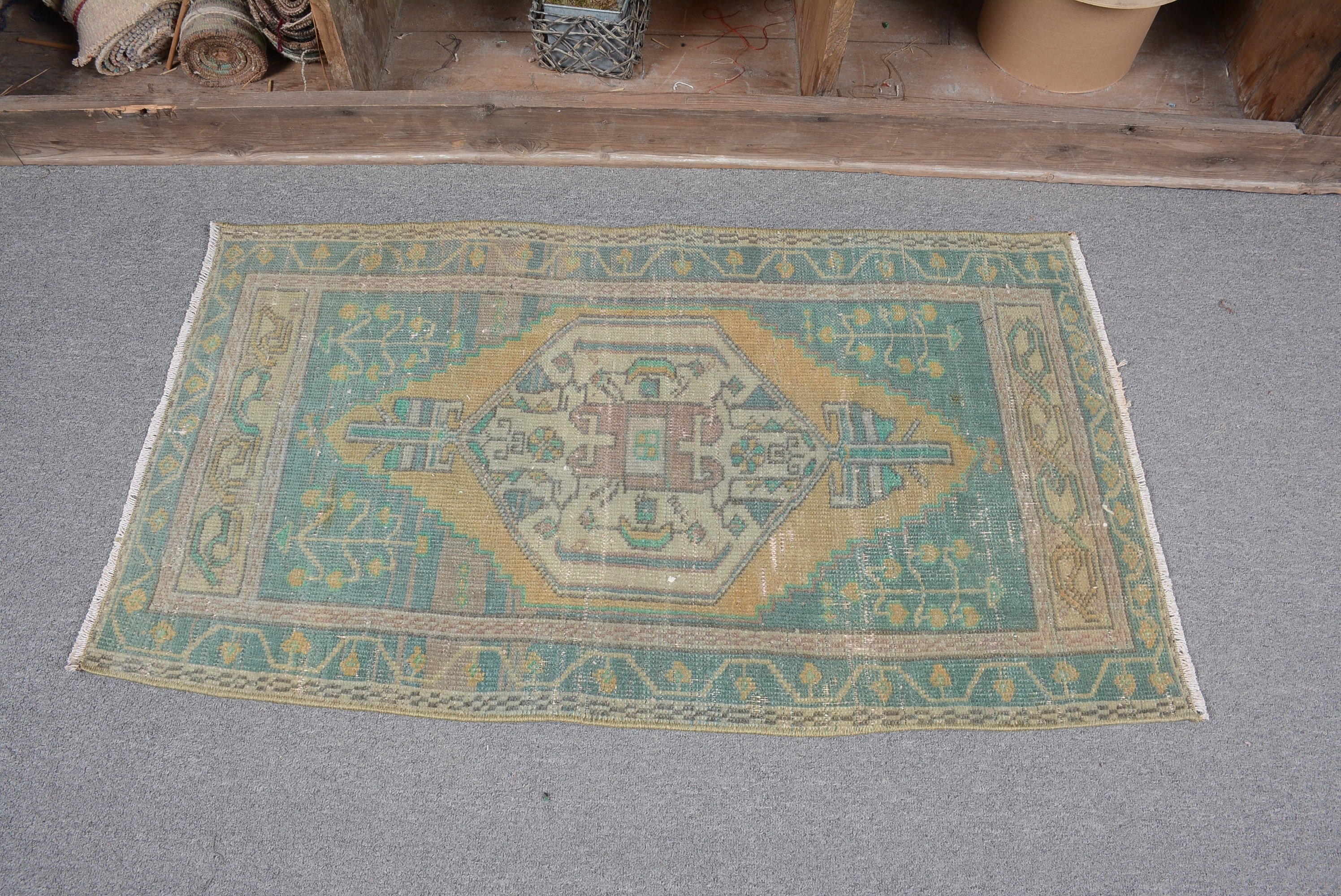 Turkish Rugs, Vintage Rug, 1.9x3.5 ft Small Rug, Oriental Rug, Bathroom Rug, Green Antique Rugs, Retro Rug, Wall Hanging Rug